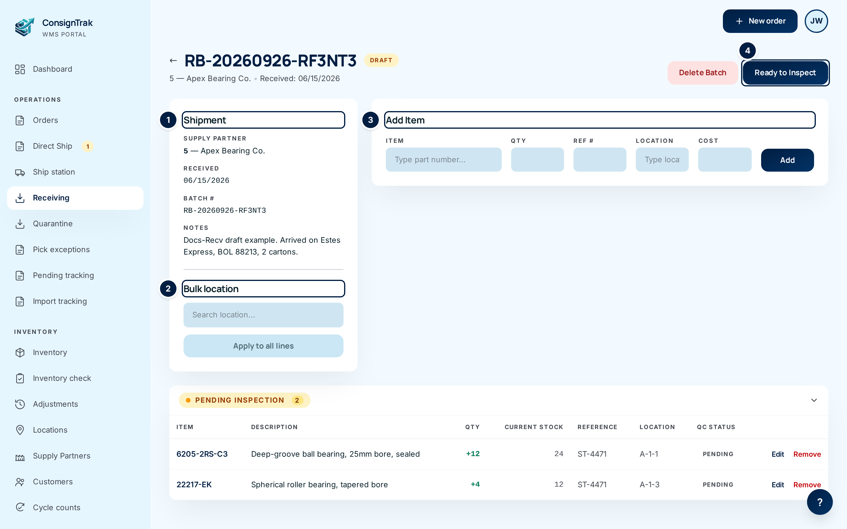 A Draft batch: shipment panel, bulk location, add-item form and two lines
