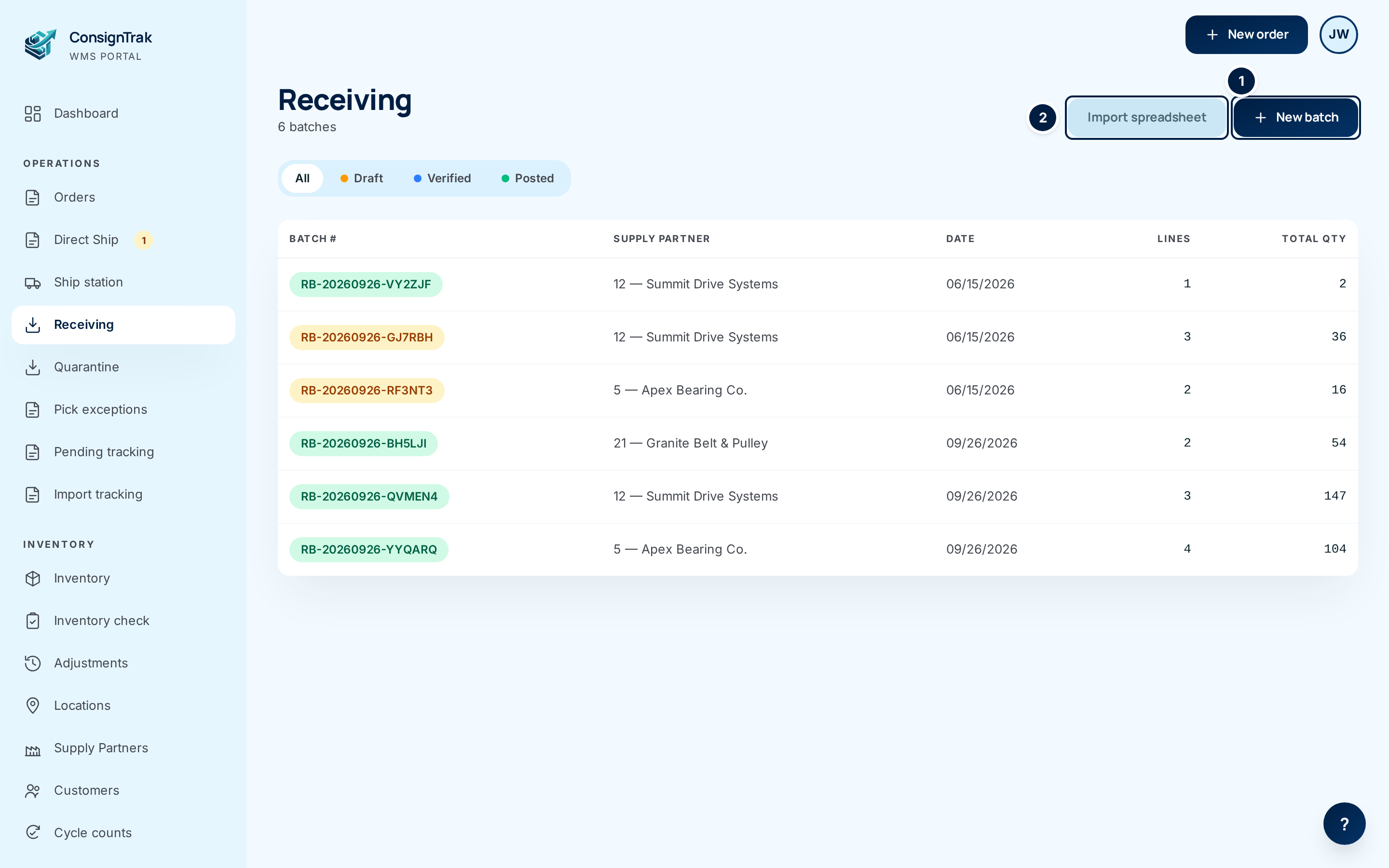 The Receiving list with the New batch and Import spreadsheet buttons