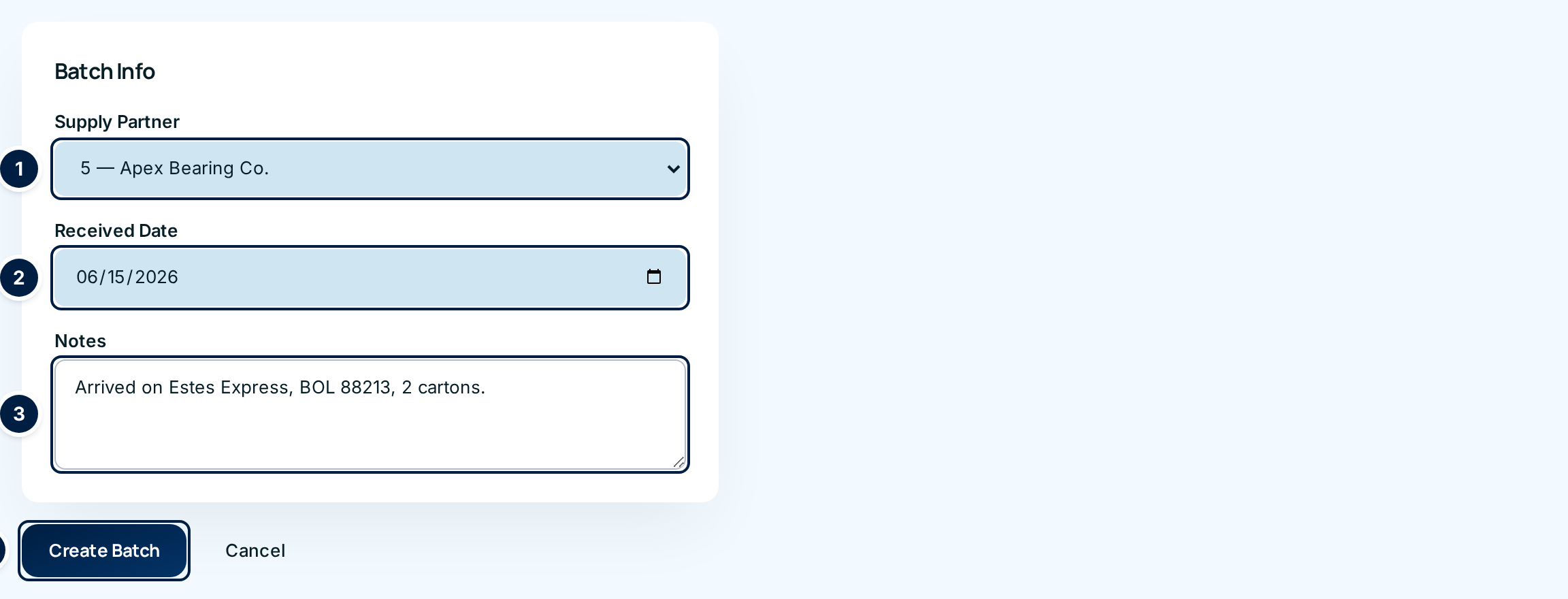 The New Receiving Batch form with supply partner, received date and notes filled in