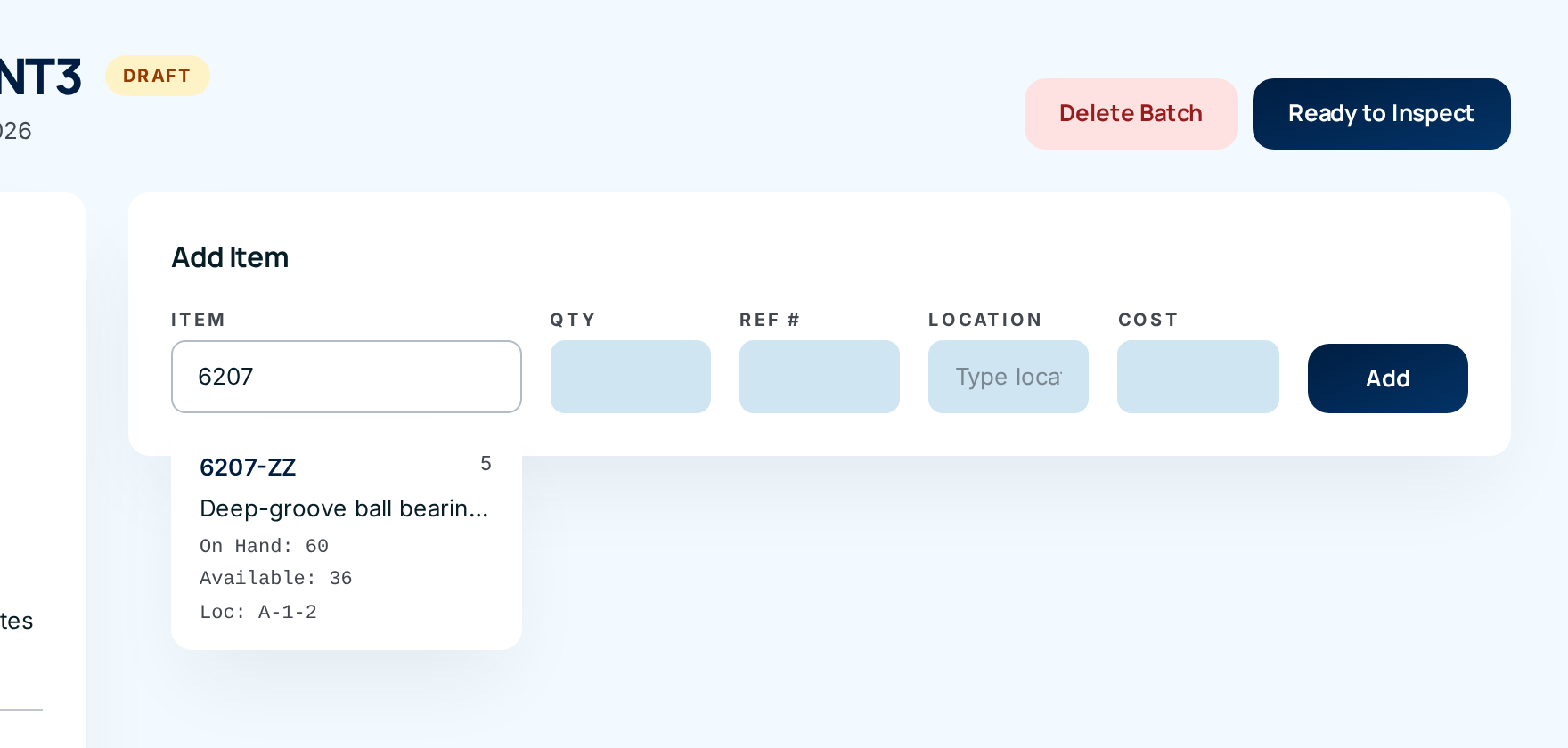 The item search showing 6207-ZZ with on-hand, available and location