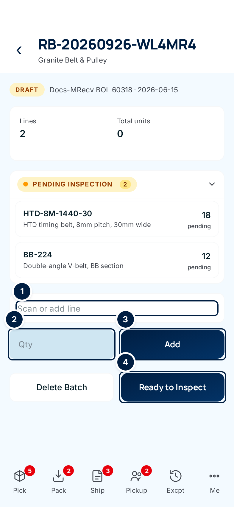 A draft batch with two counted lines, the add-line box, Qty, Add and Ready to Inspect marked
