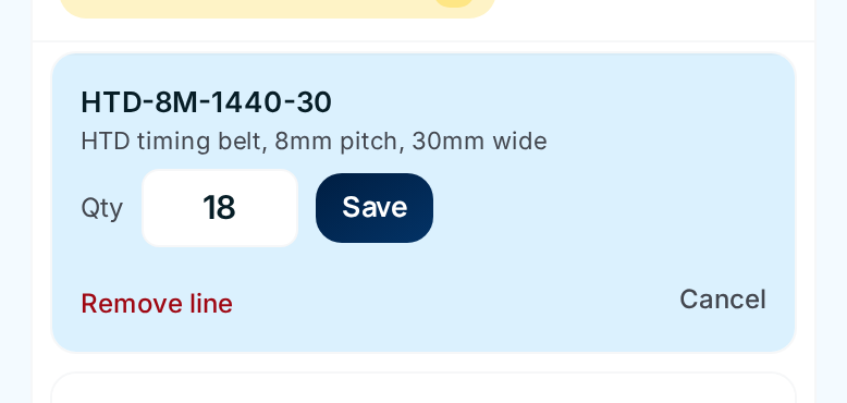 An opened line showing the Qty box, Save, Remove line and Cancel