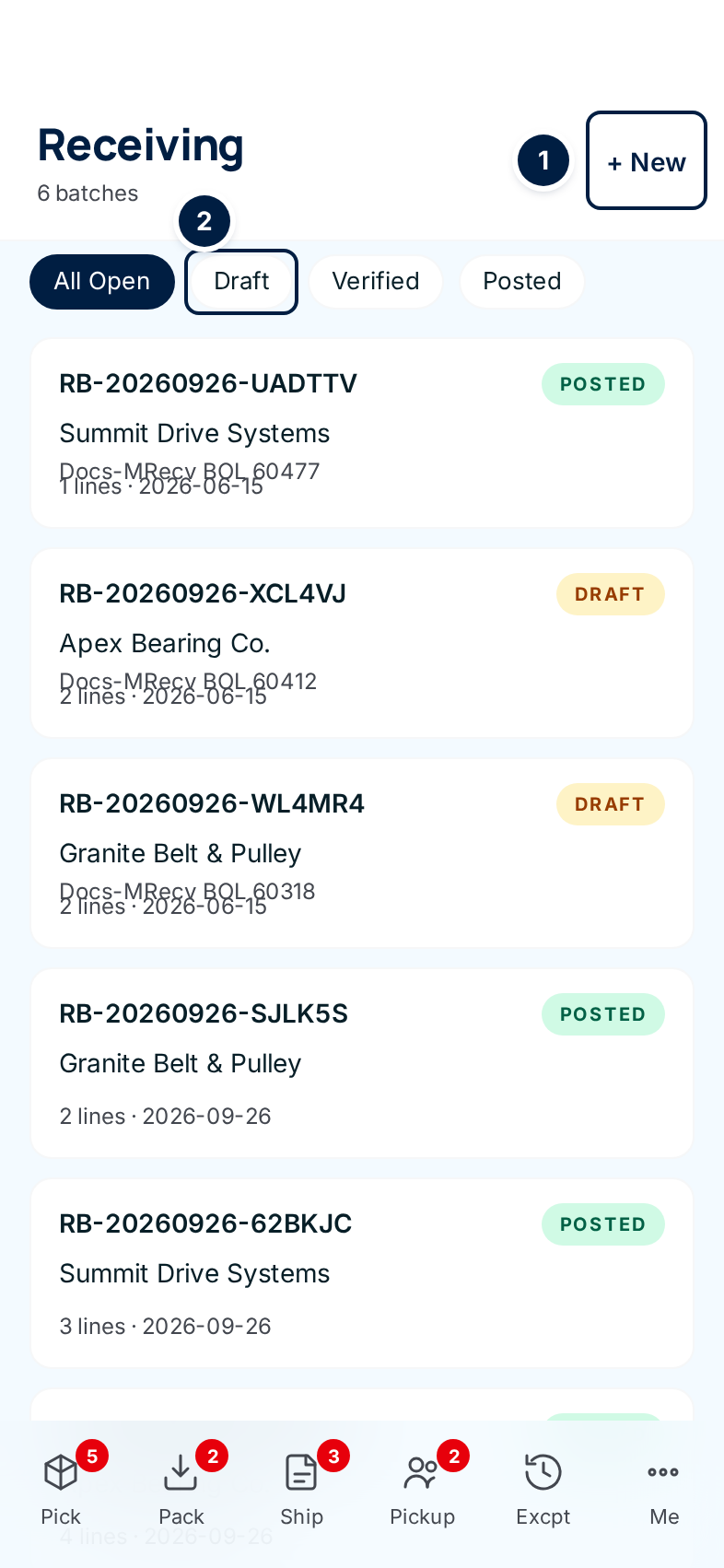 The phone Receiving list with the New link and the Draft filter marked