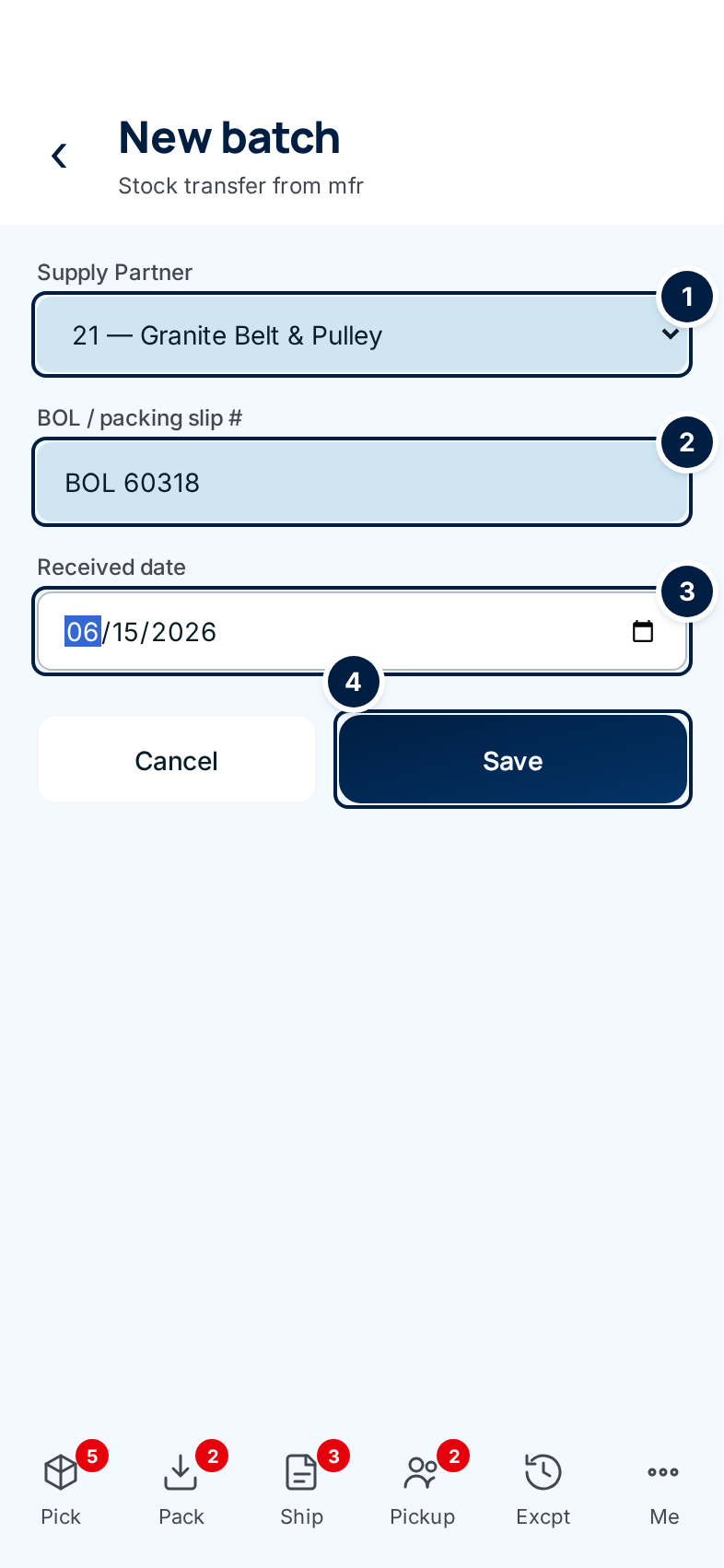 The New batch form with Granite Belt &amp; Pulley chosen, BOL 60318 typed and the date filled in