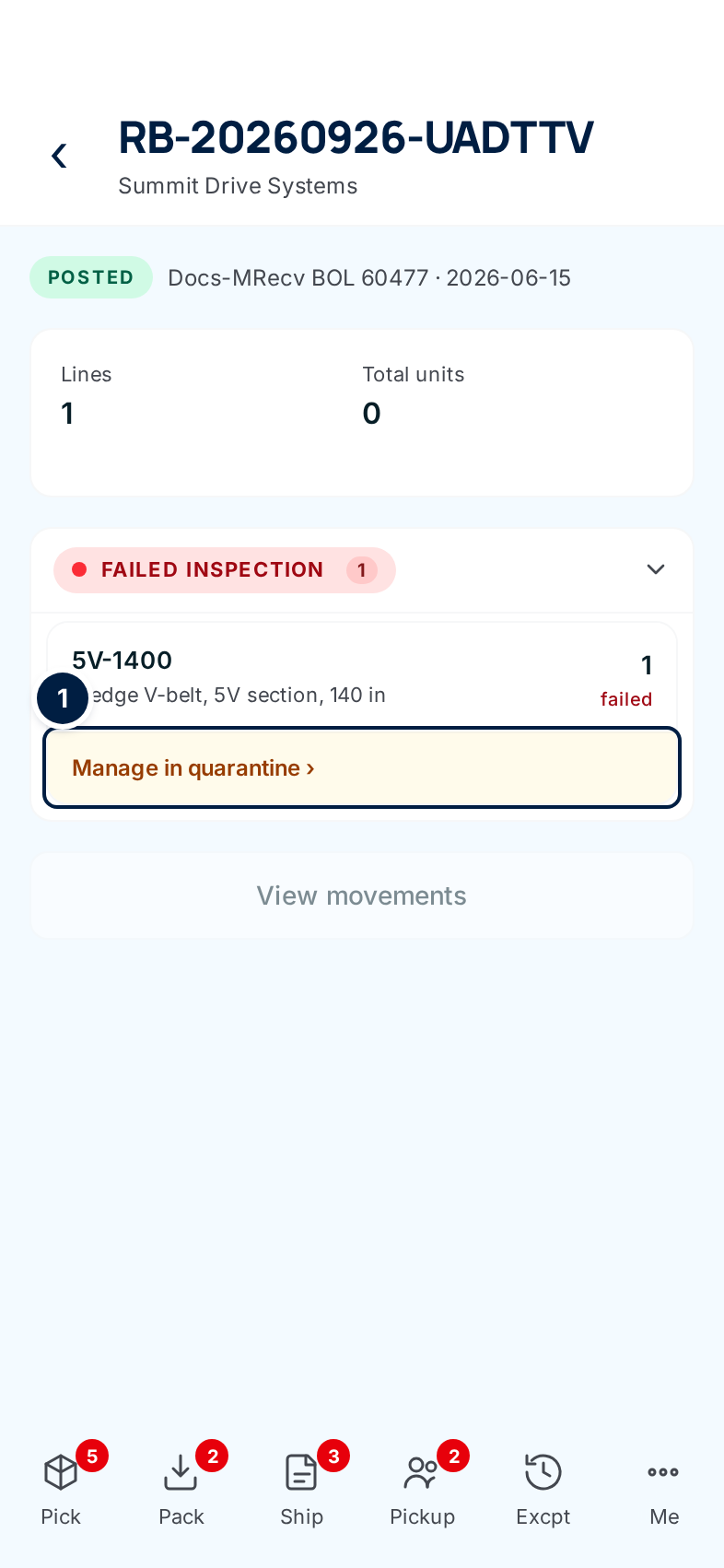 A posted batch with one failed line and its Manage in quarantine link