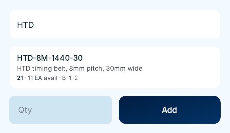 The item search showing a matching timing belt under the search box