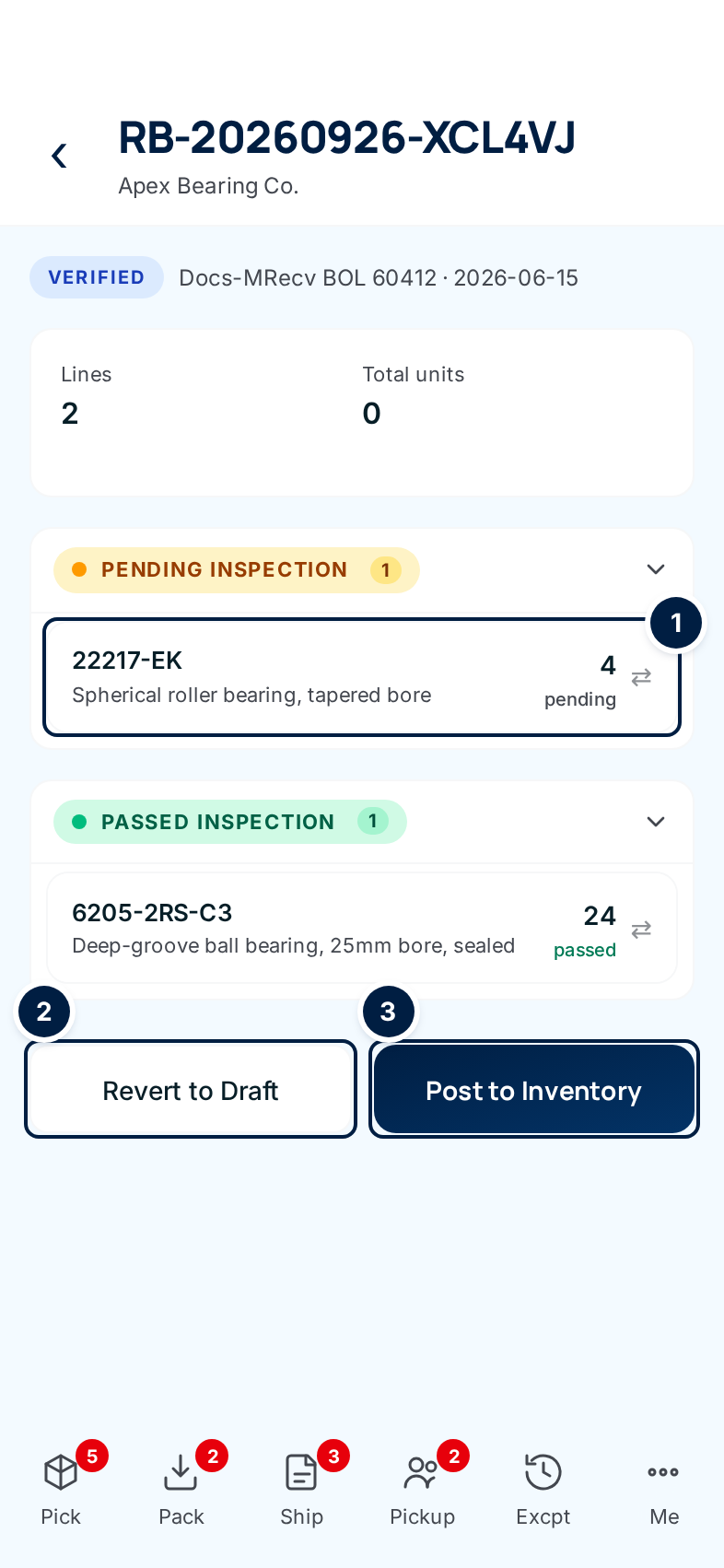 A verified batch with one line still pending (marked), one passed, and the Revert to Draft and Post to Inventory buttons