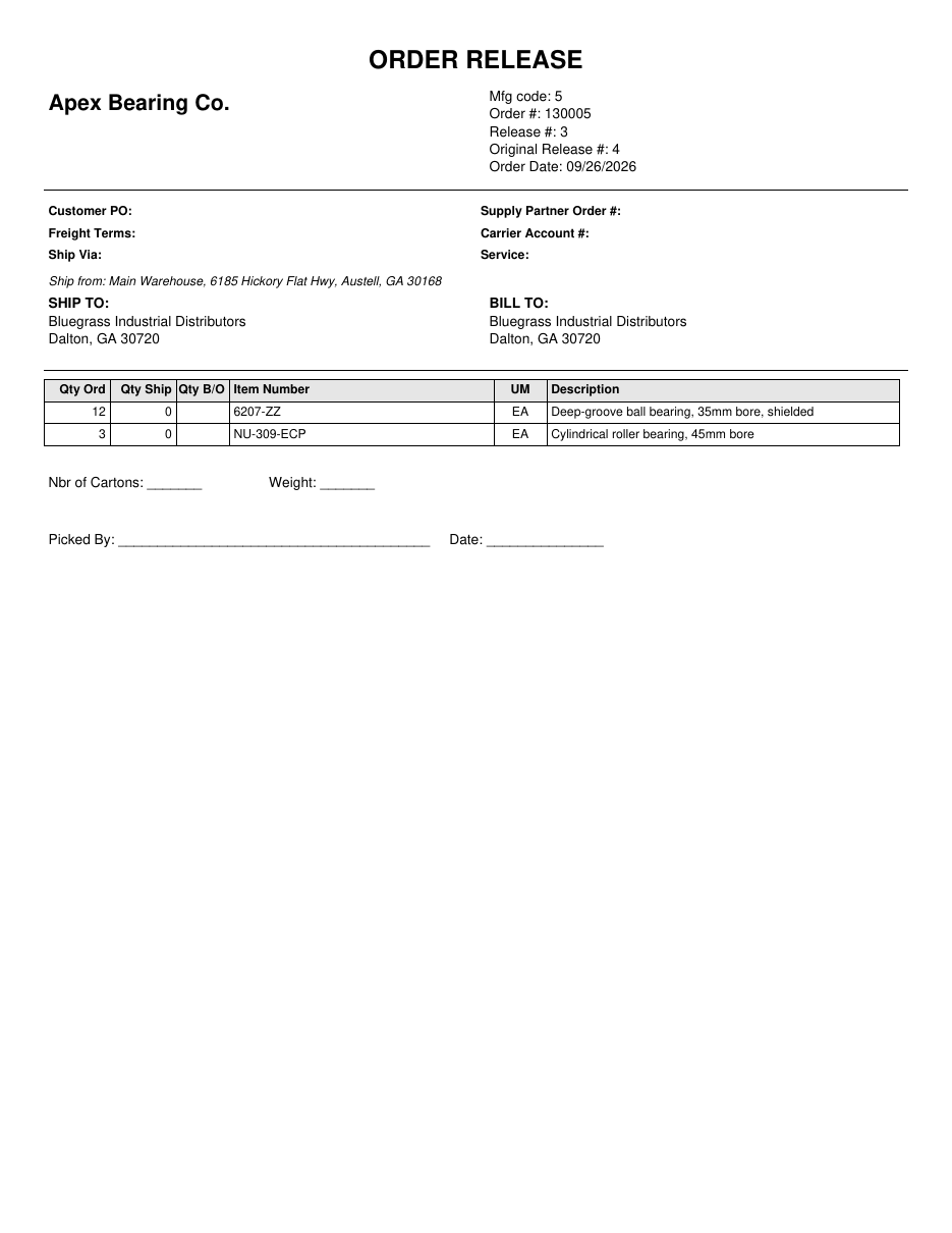 Page one of a printed release for an Apex Bearing Co. order: header with order and release numbers, shipping details, ship-to and bill-to, the line table and the picker sign-off
