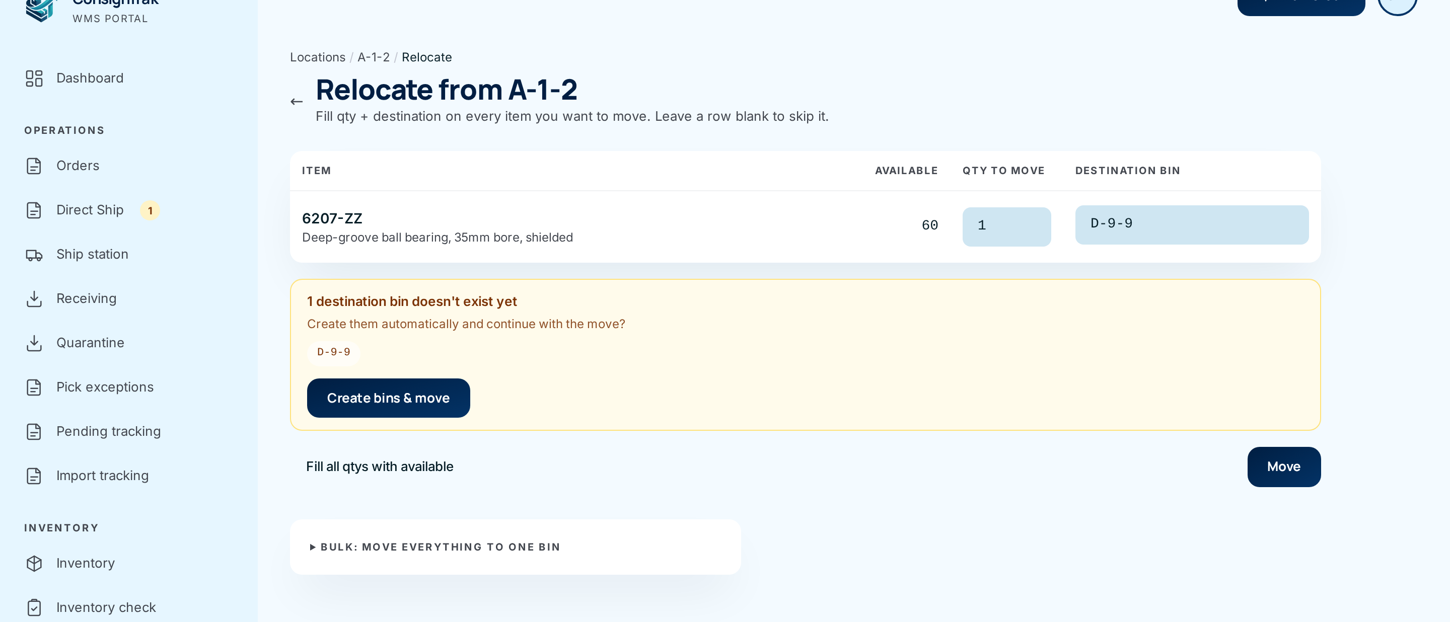 The prompt: 1 destination bin doesn't exist yet, D-9-9, with a Create bins &amp; move button