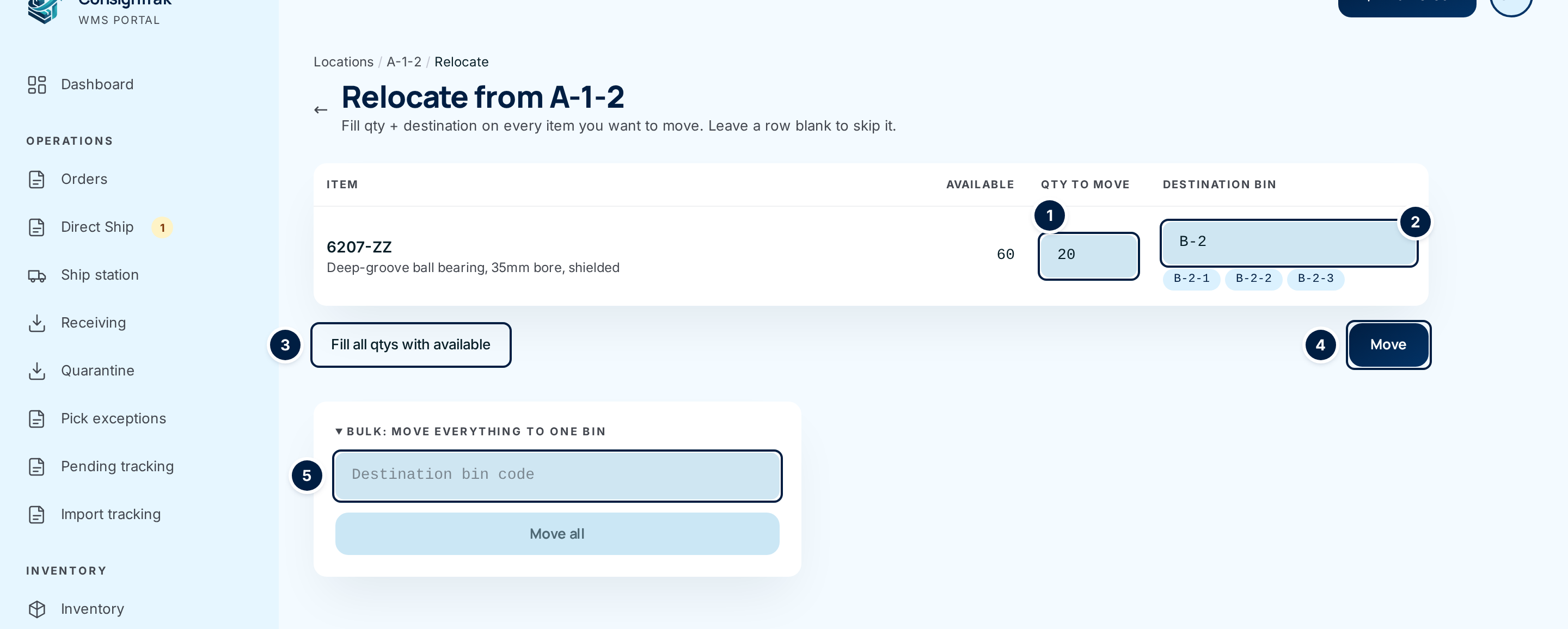 Relocate from A-1-2: one item row with quantity 20 and destination B-2 typed, with suggestions shown