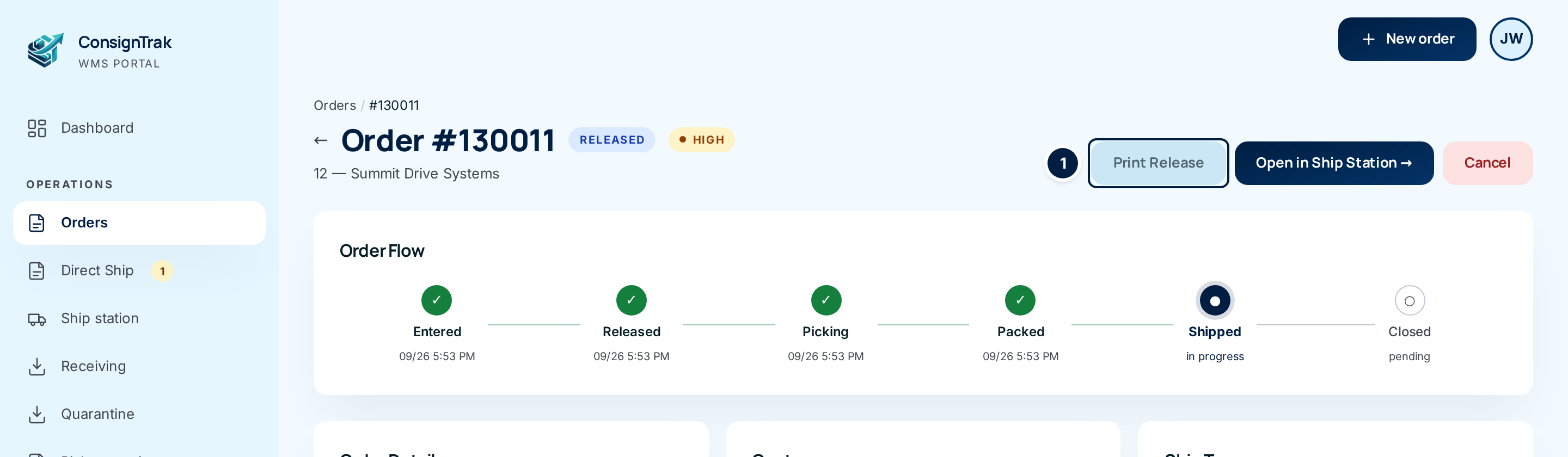 The top of a released order's page, with Print Release marked beside Open in Ship Station and Cancel