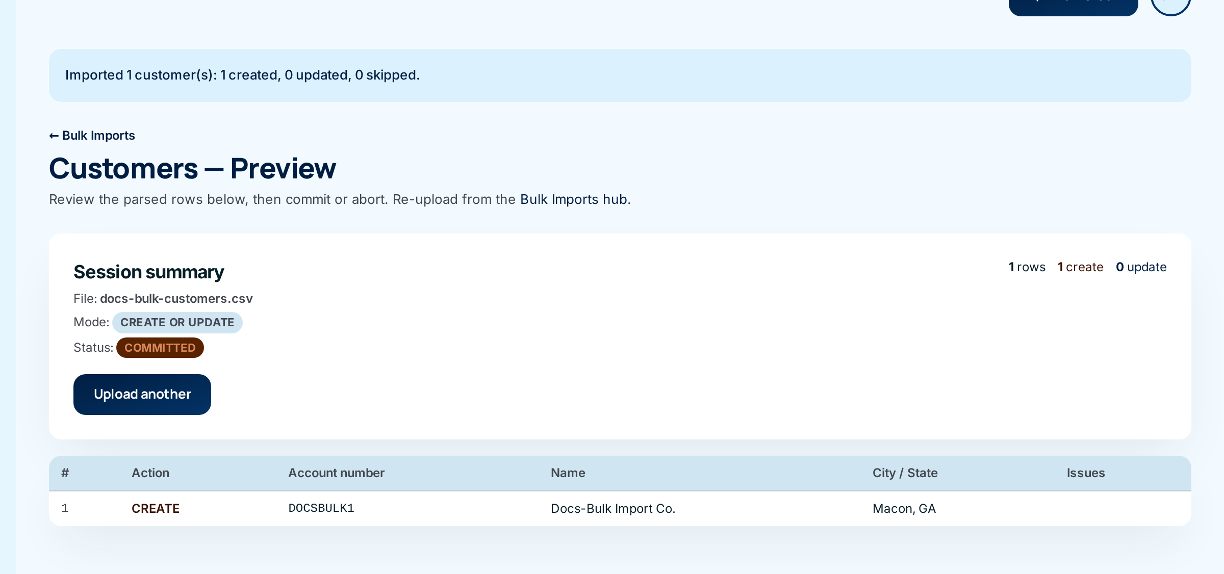 The committed Customers upload with the Imported 1 customer(s) message and status Committed