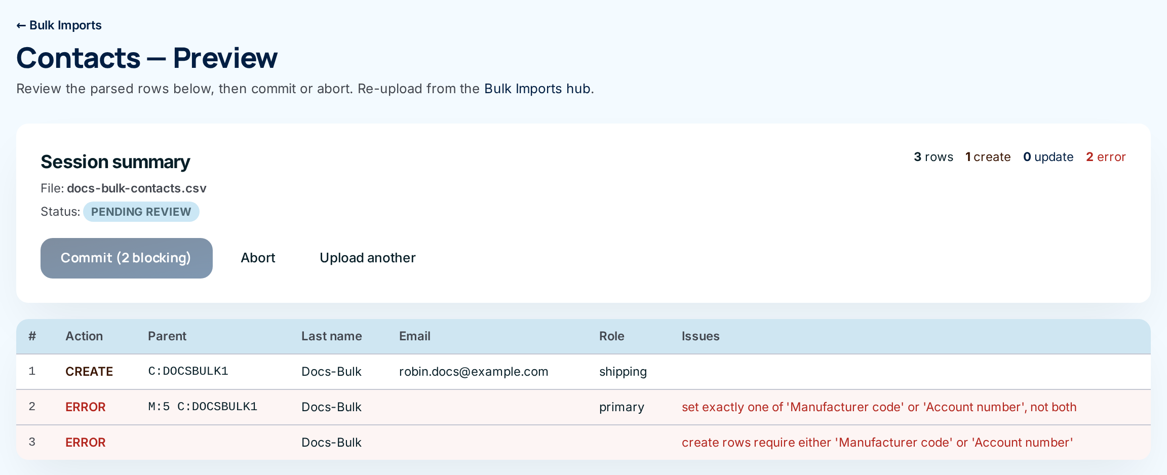 A Contacts preview: row 1 will be created for customer DOCSBULK1; rows 2 and 3 are errors