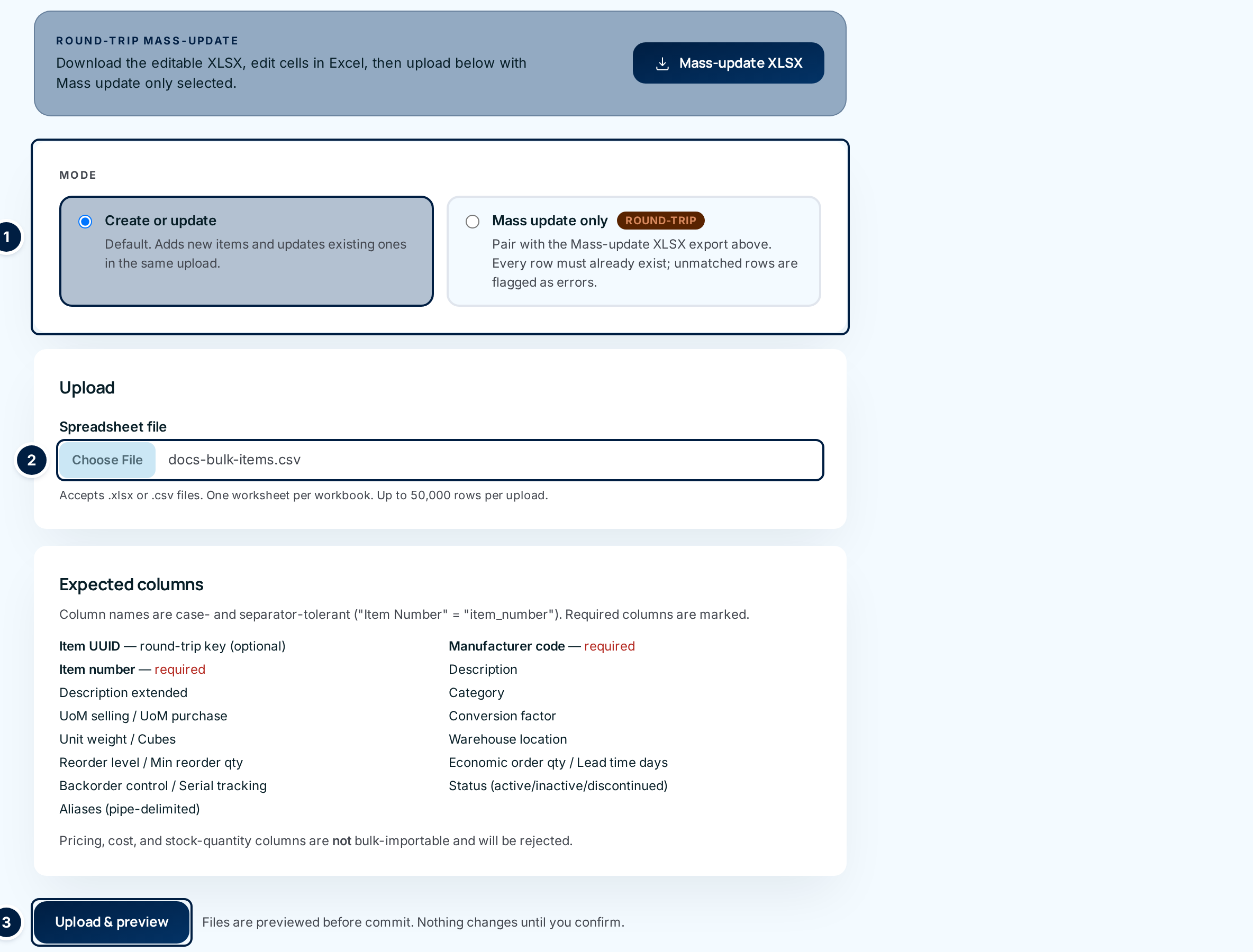 The Items upload form with Create or update selected ①, a file chosen ② and the Upload &amp; preview button ③