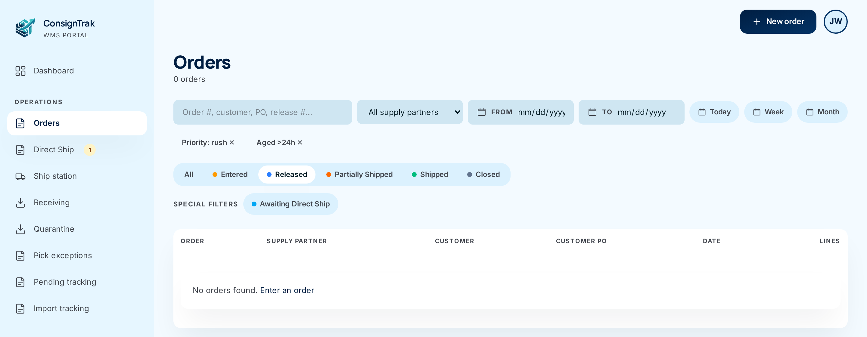 The Orders list opened with Priority: rush and Aged >24h chips and the Released tab selected