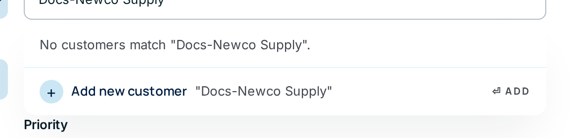 No customers match "Docs-Newco Supply", with an Add new customer row below