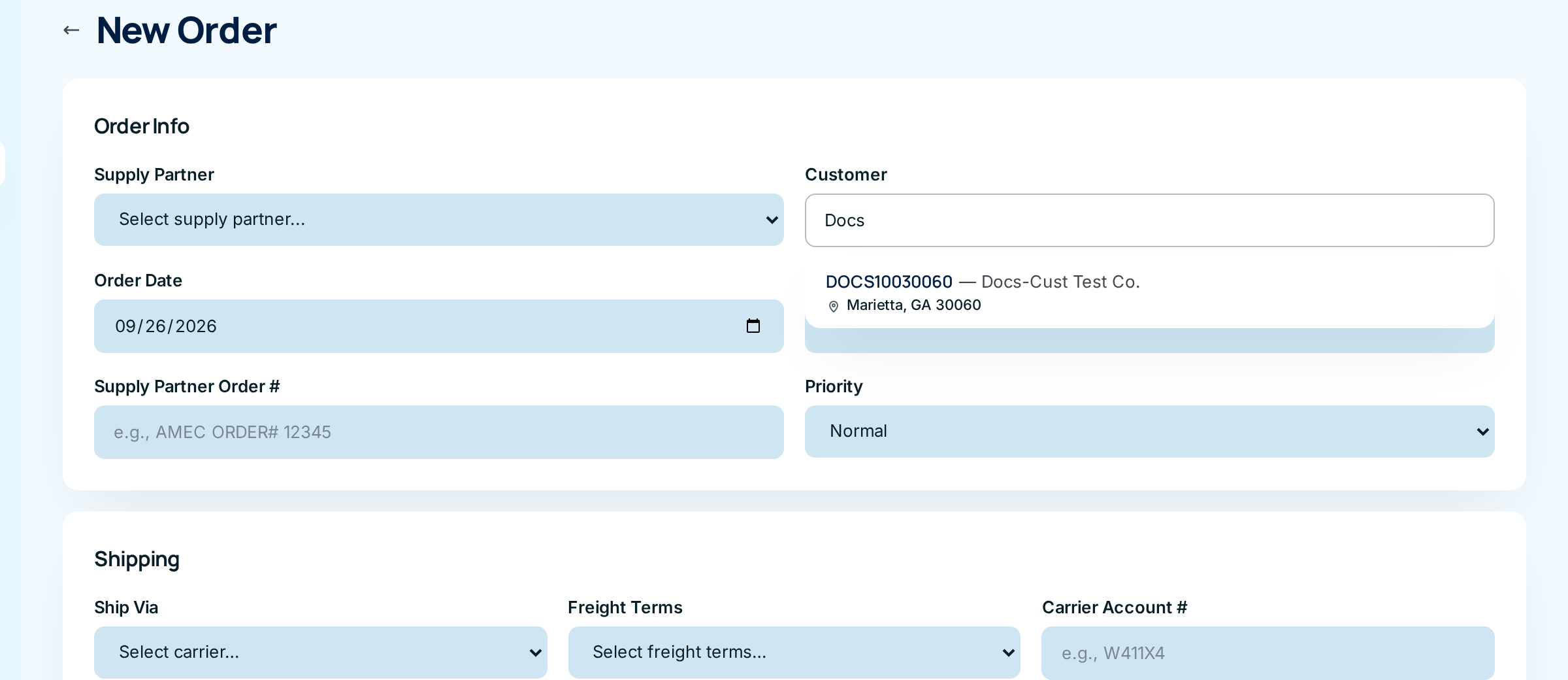 Order entry with "Docs" typed in the Customer field and one match below it