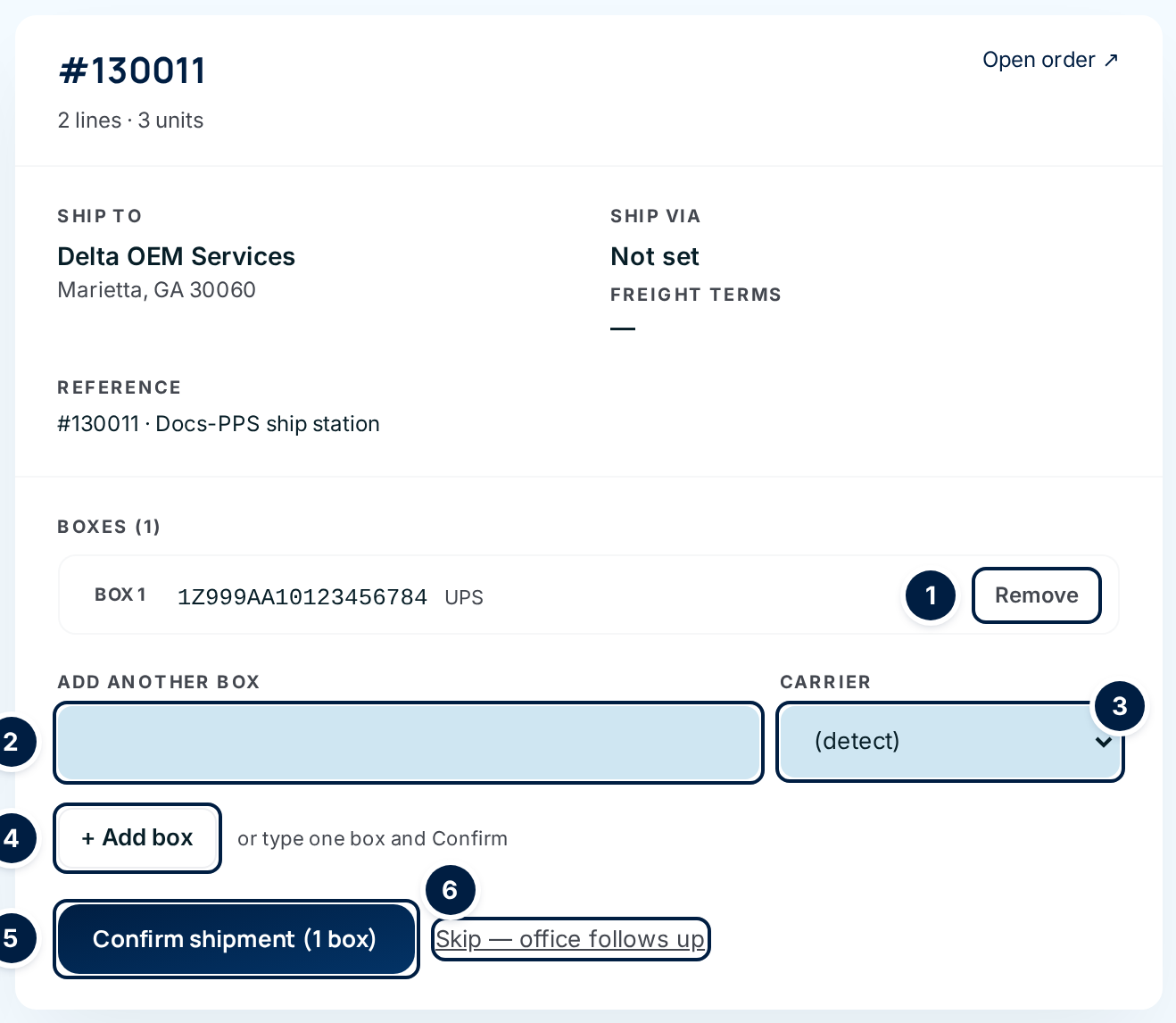 The shipment form with one box already added: Remove, the next tracking number, Carrier, Add box, Confirm shipment and Skip