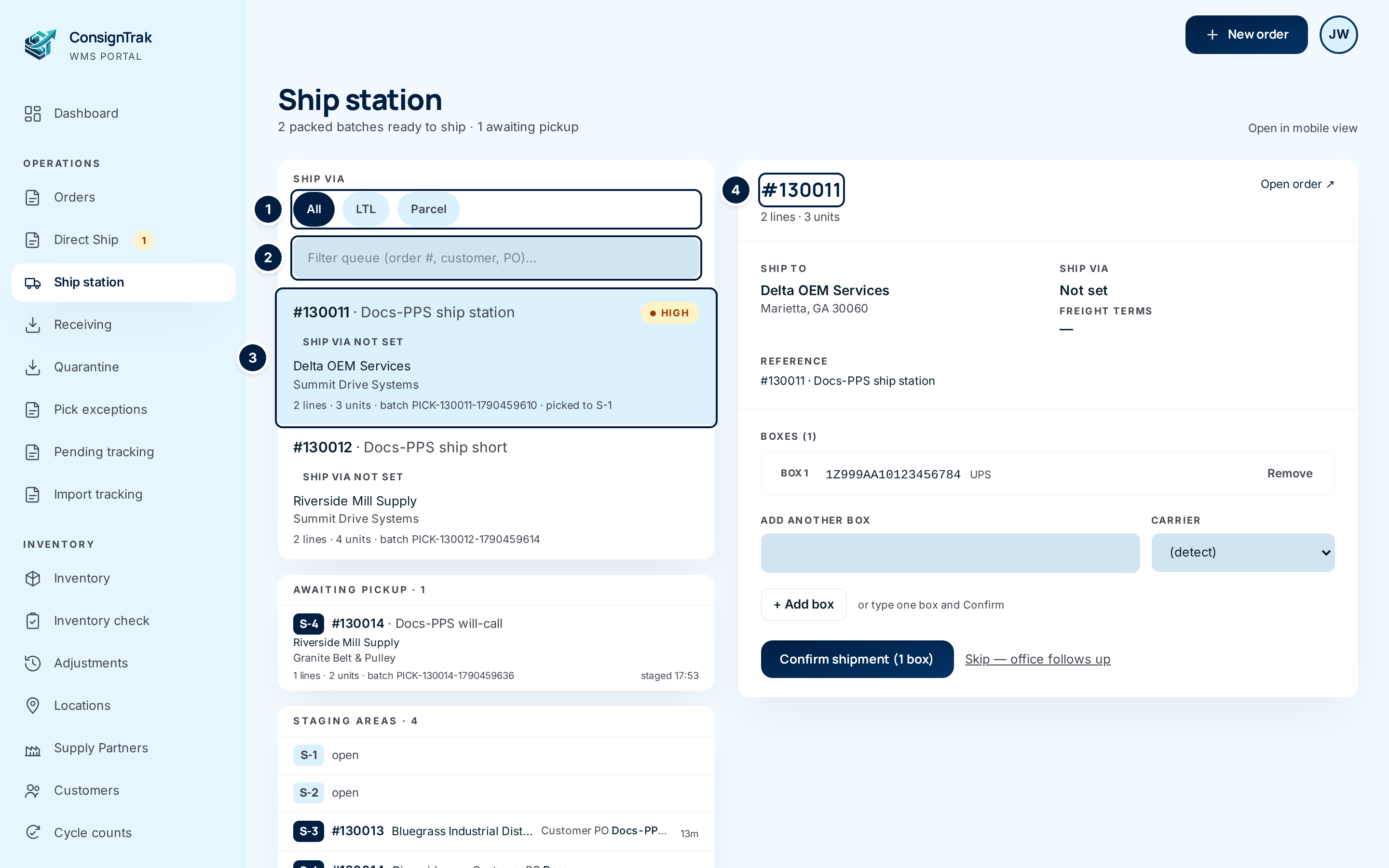The Ship station: the Ship via filter, the queue search, the selected order in the queue, and its details on the right