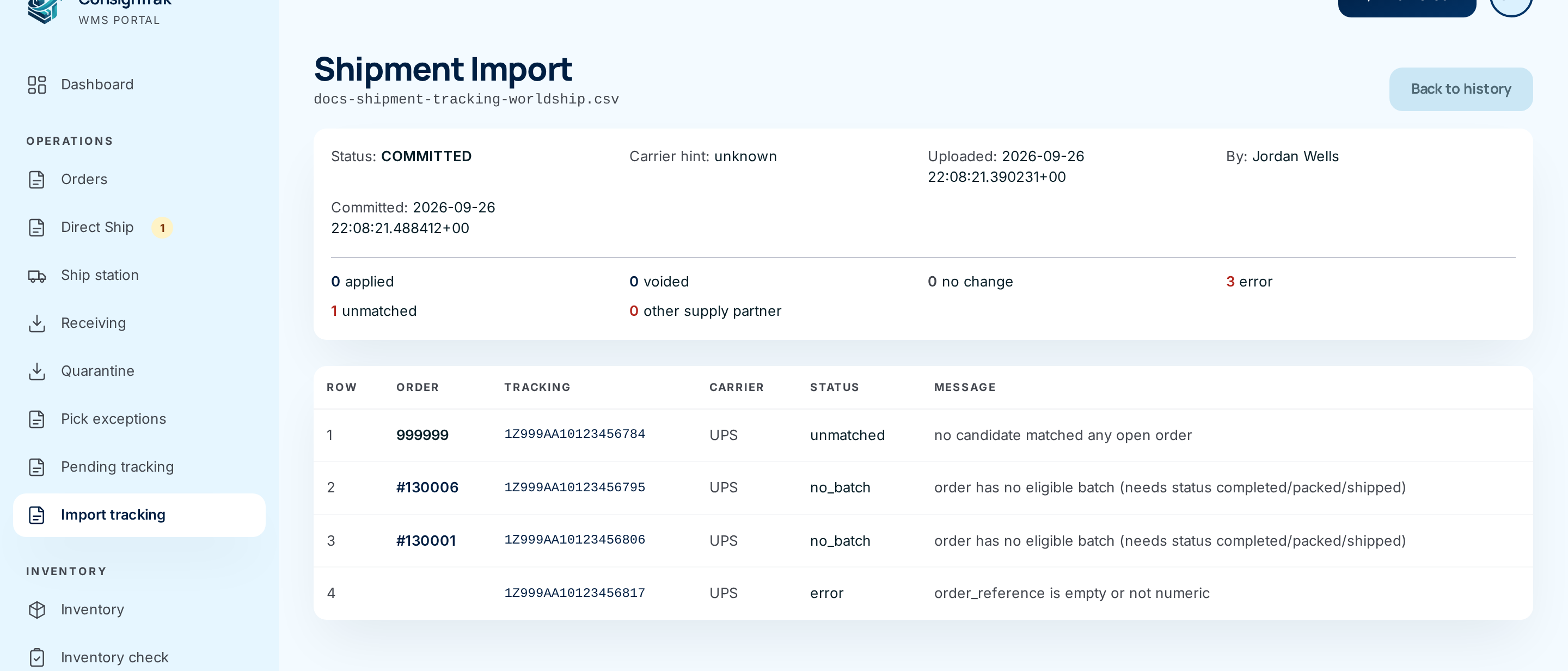 A committed import's record: status, who uploaded it, counts of applied and failed rows, and each row's outcome