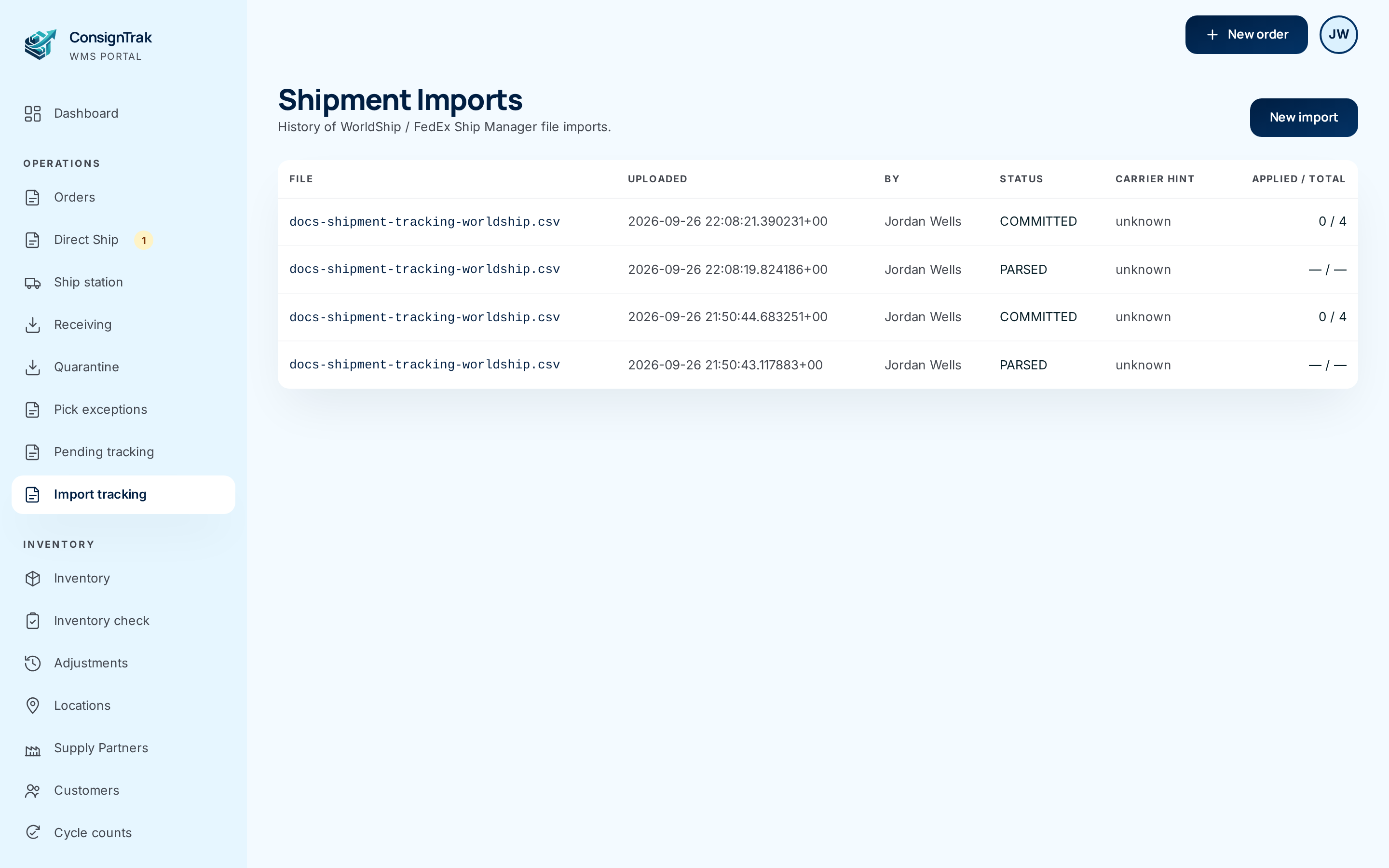 The Shipment Imports history, where carrier reports appear alongside uploaded files