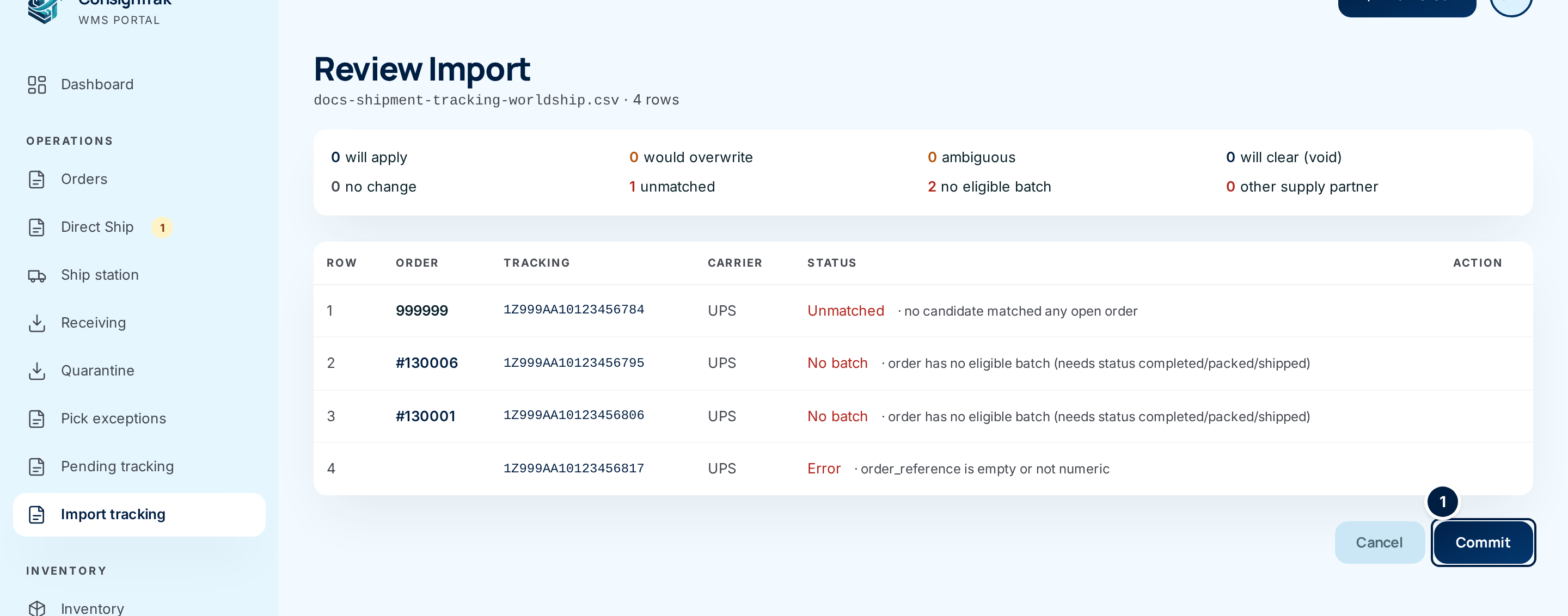 The Review Import screen: a summary of counts, one row per line of the file with its status, and the Commit button