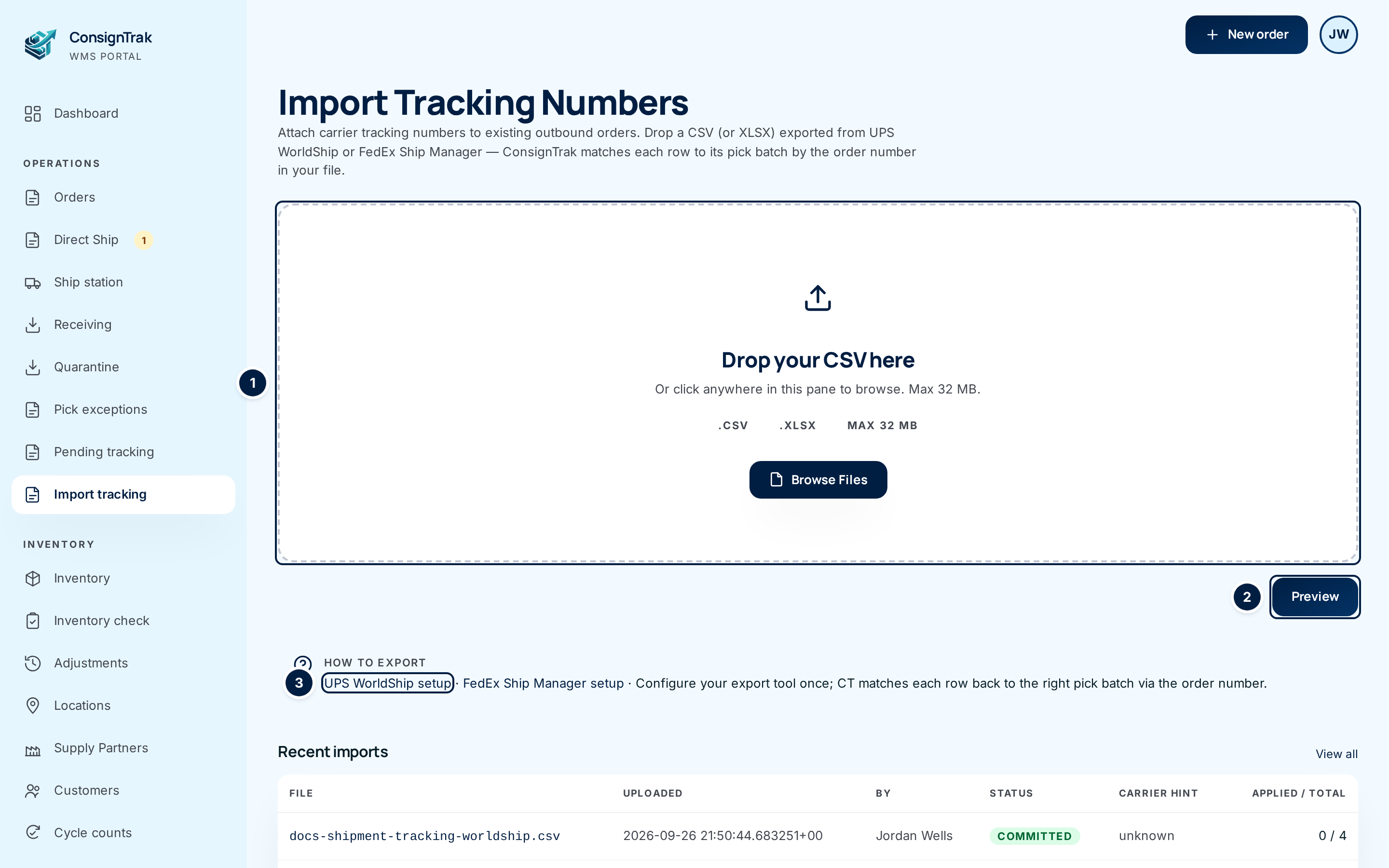 The Import Tracking Numbers page with the drop area, the Preview button and the setup links