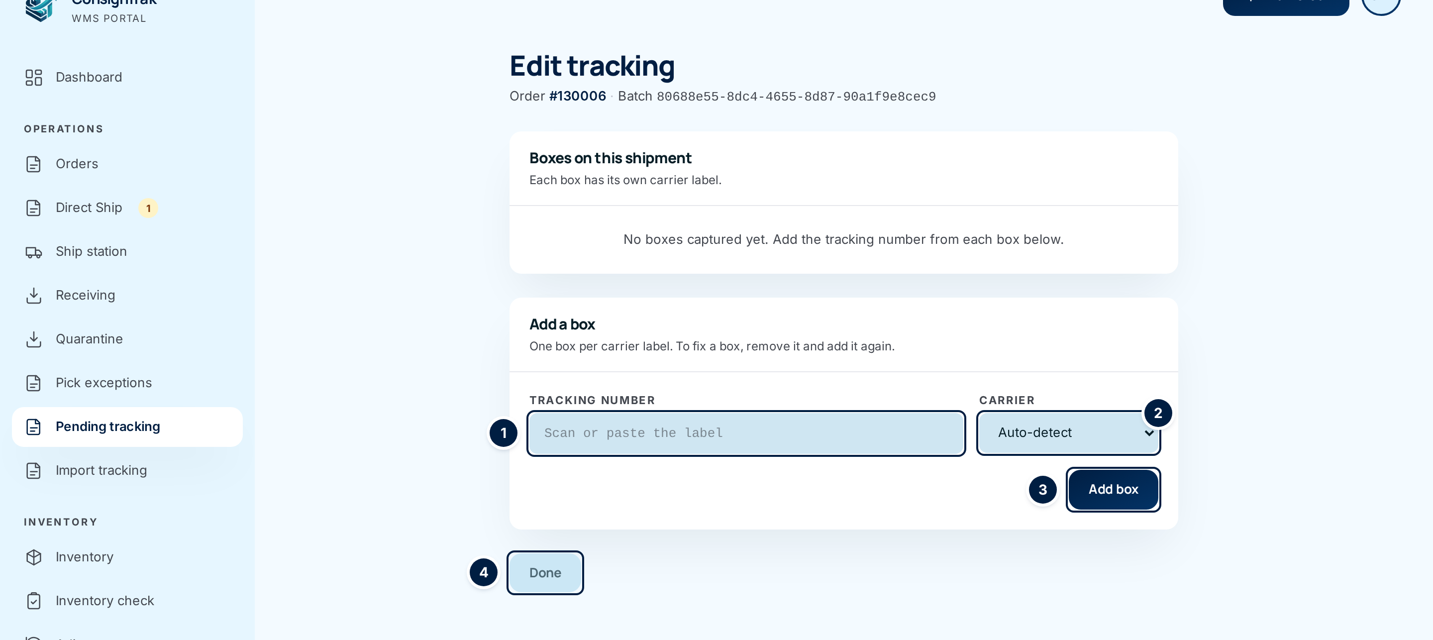 The Edit tracking page for an order with no boxes yet: the tracking number field, carrier menu, Add box and Done
