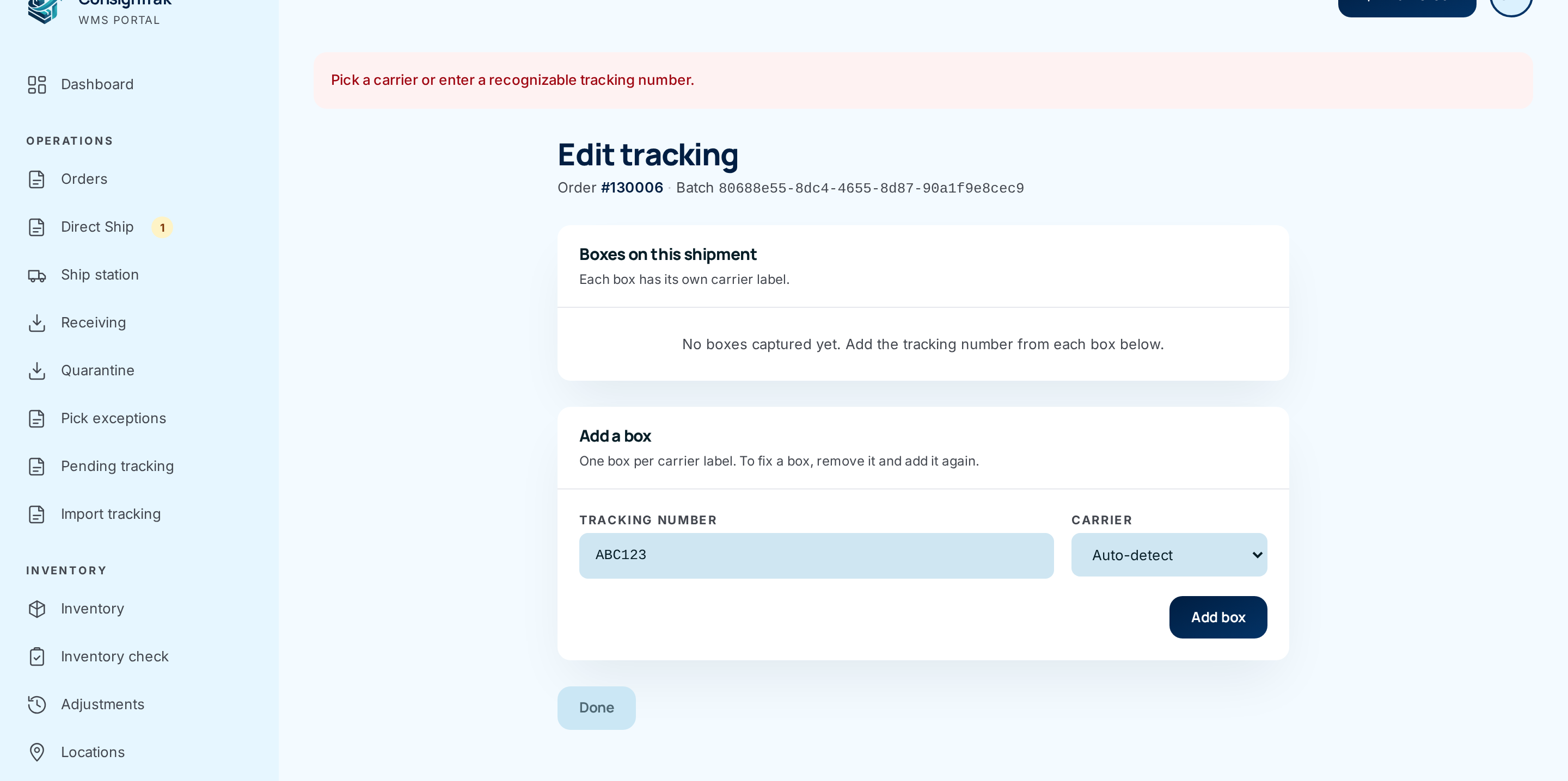 The Edit tracking page showing the red message after an unrecognised number