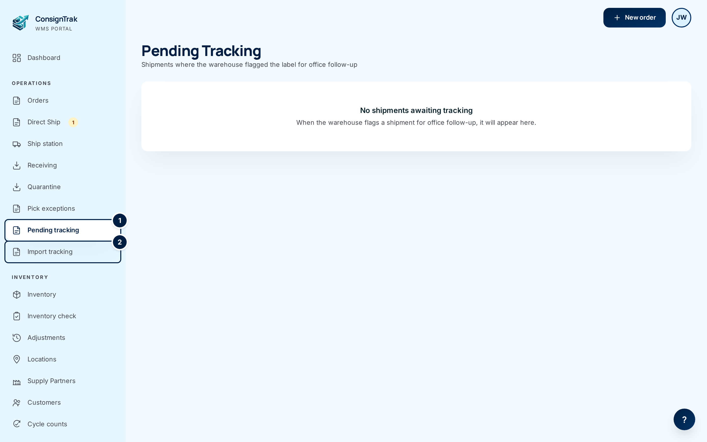 The Pending tracking queue with nothing waiting, and the Pending tracking and Import tracking links in the sidebar
