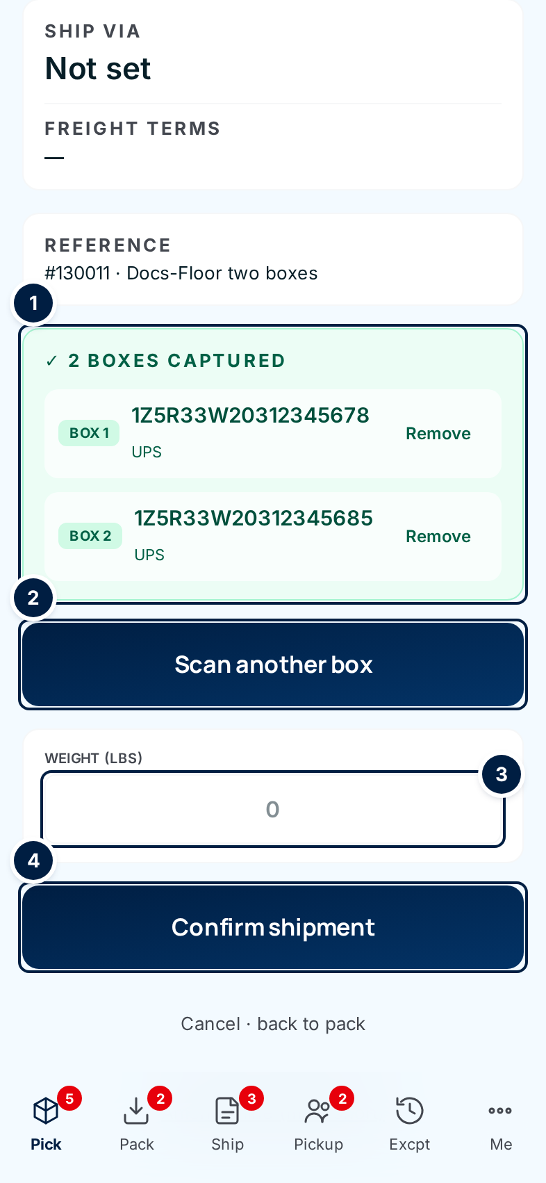 The ship screen with two boxes captured, both UPS, each with Remove; then Scan another box, Weight and Confirm shipment
