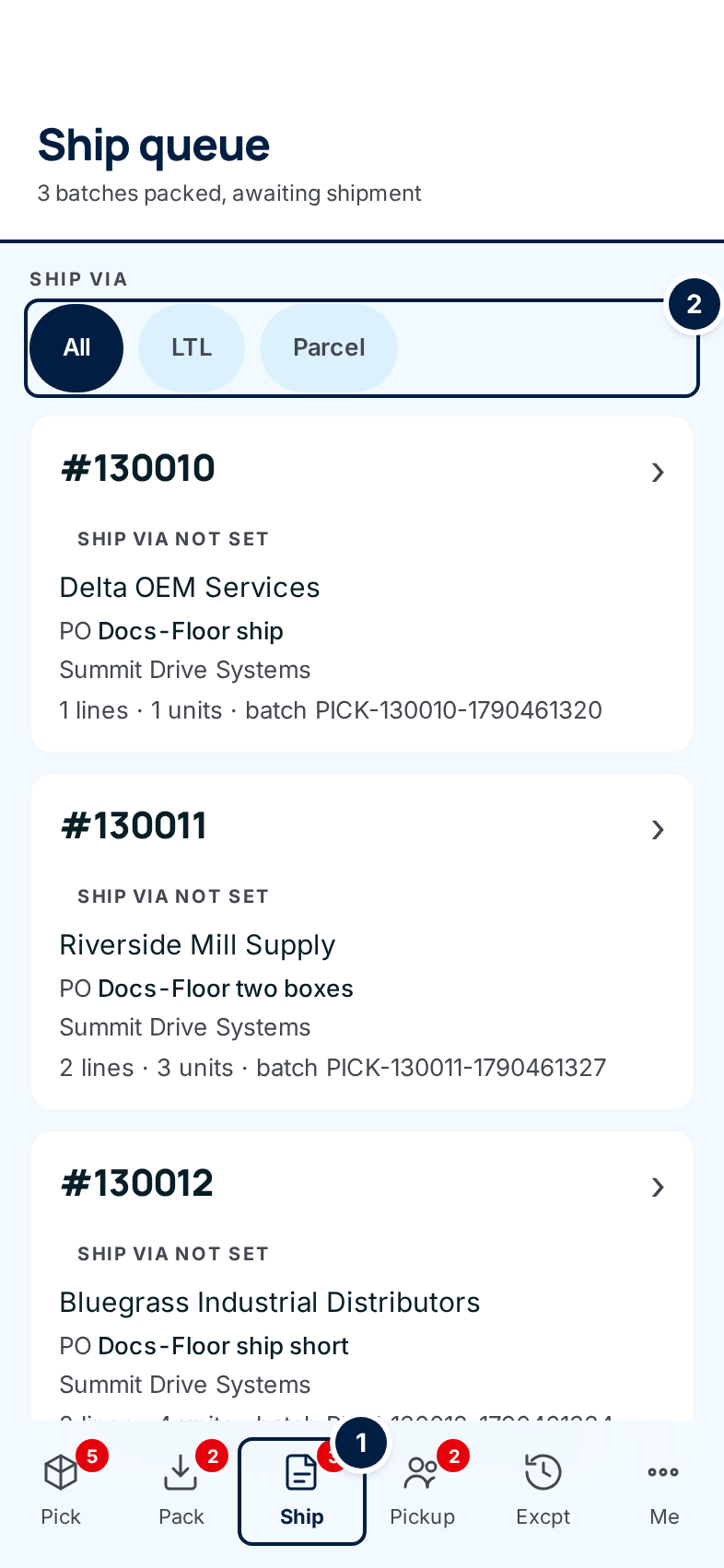 The Ship queue on a phone: the Ship tab in the bottom bar, the Ship via chips, and three packed orders with customer, PO, supply partner, lines, units and batch