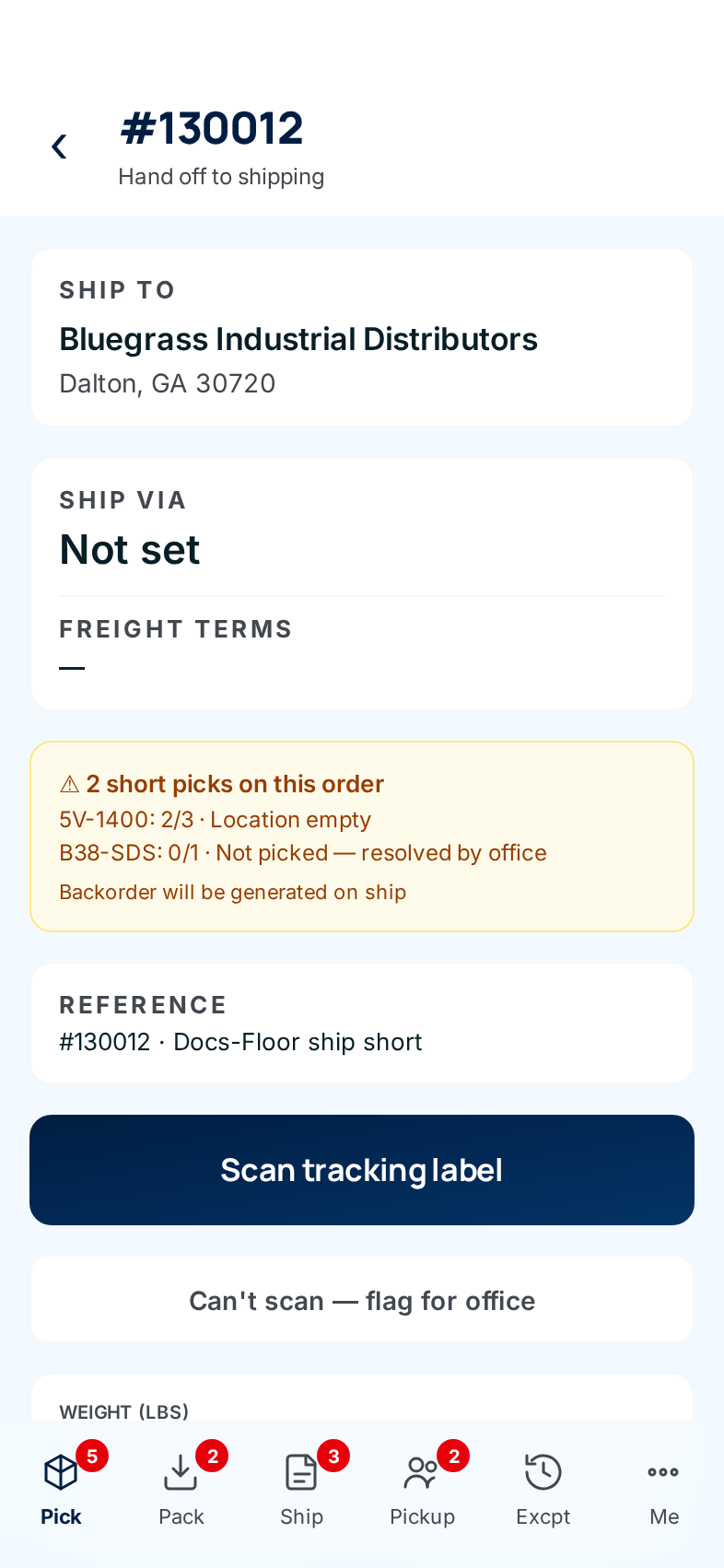 The ship screen warning: 2 short picks on this order — 5V-1400 2 of 3, location empty, and B38-SDS 0 of 1, not picked, resolved by office — Backorder will be generated on ship
