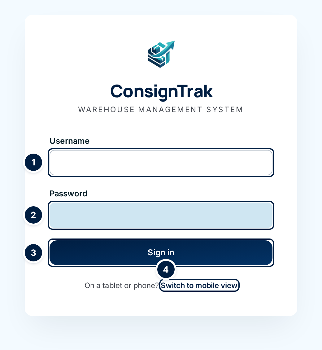 The desktop sign-in page with the Username box (1), Password box (2), Sign in button (3) and the Switch to mobile view link (4)