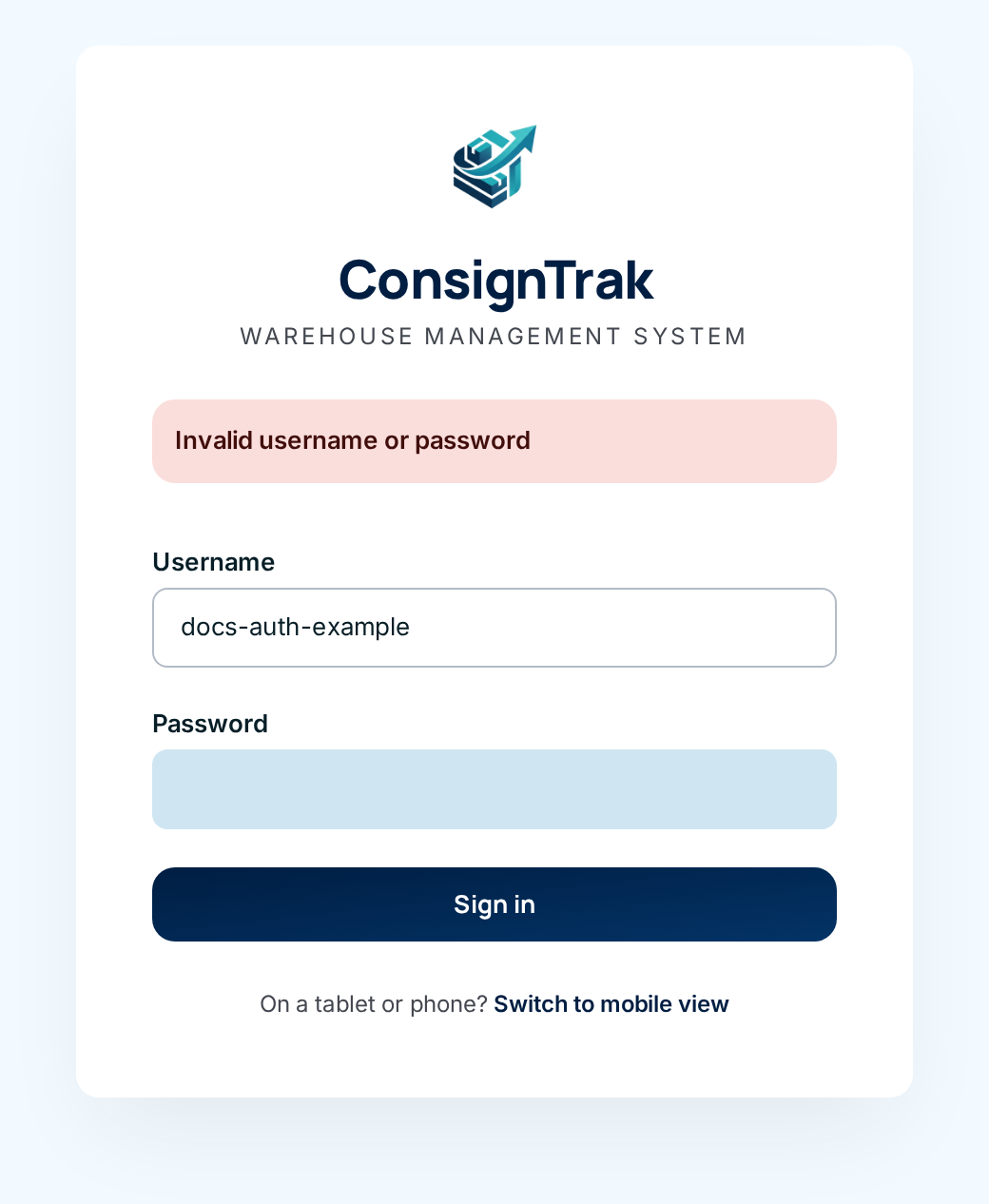 The sign-in page showing the Invalid username or password message