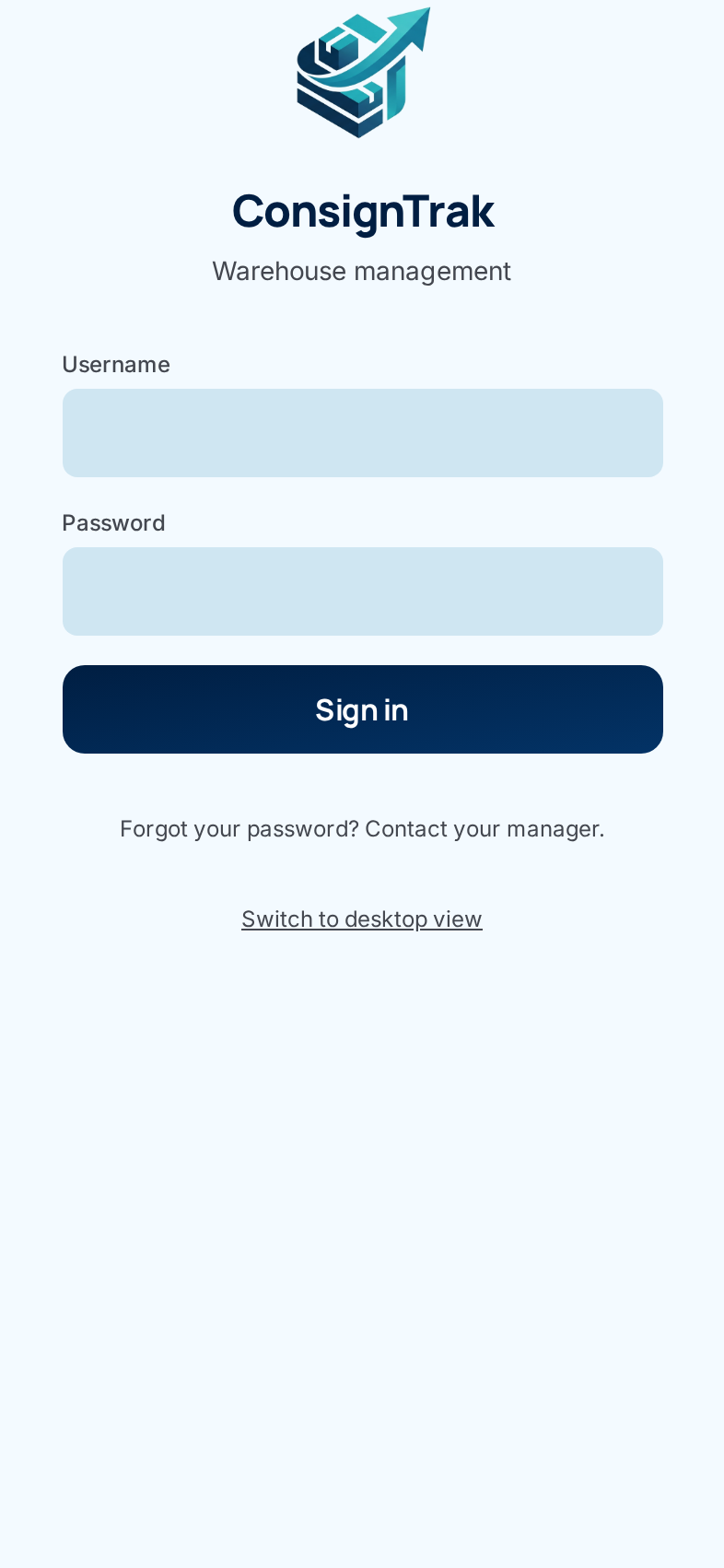 The mobile sign-in page with Username, Password, Sign in, and the Switch to desktop view link