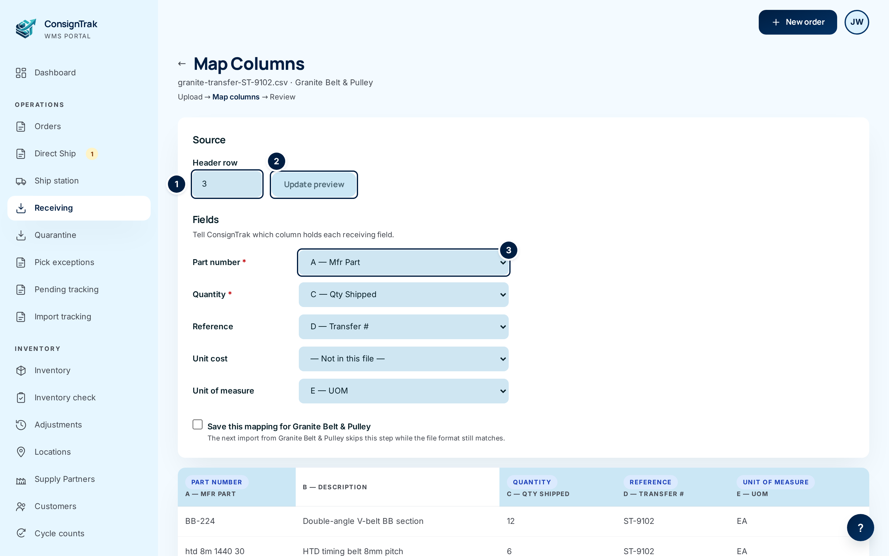 Map Columns: header row set to 3 and the part-number column chosen