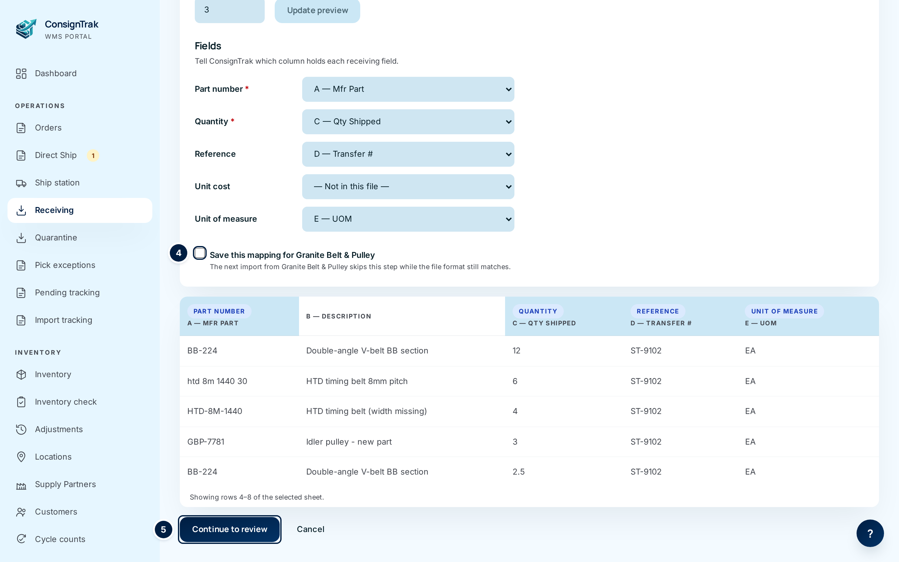 The bottom of Map Columns: save-mapping box, sample rows, Continue to review