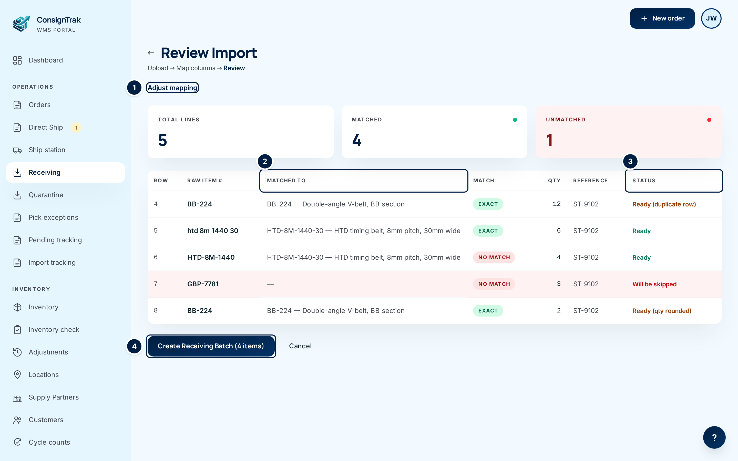 Review Import: five rows with exact matches, a skipped row and warnings