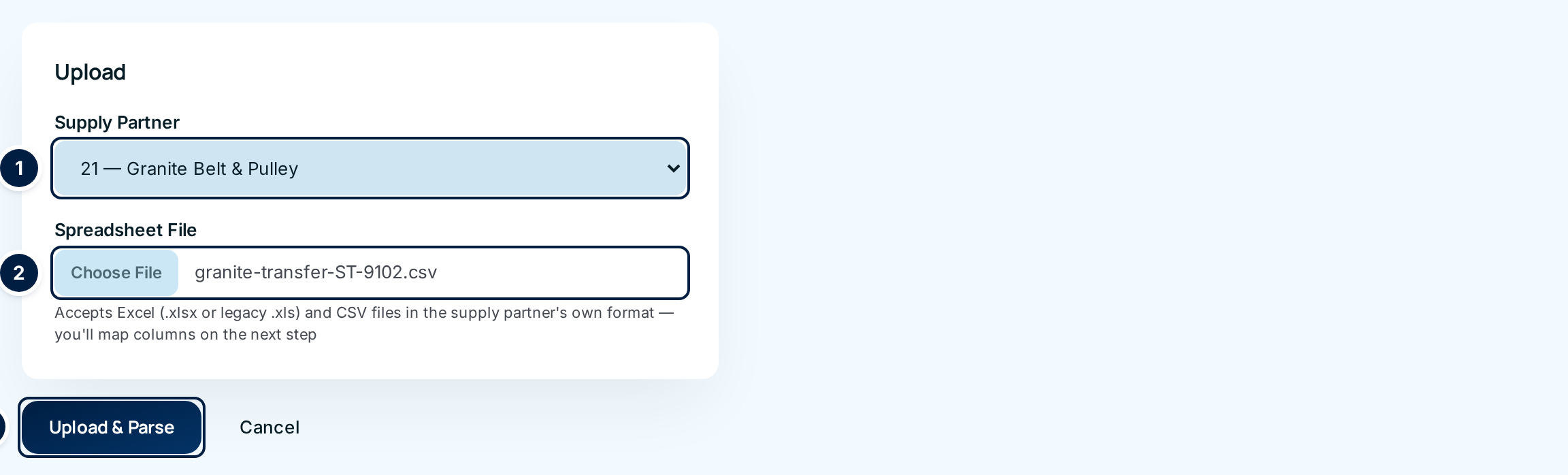 The Import Stock Transfer page with a supply partner and a CSV file chosen
