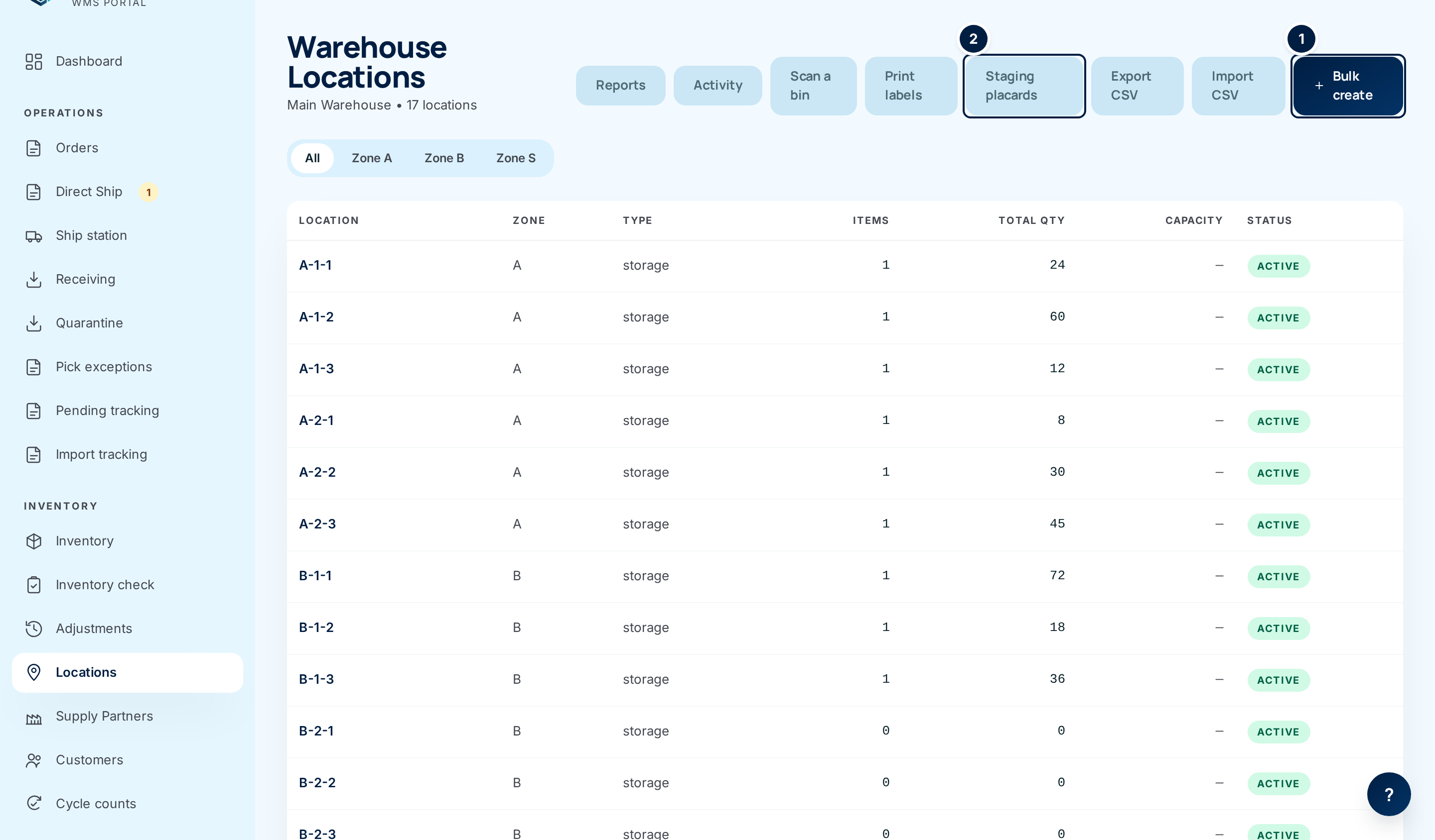 The Warehouse Locations list, with Bulk create and Staging placards marked