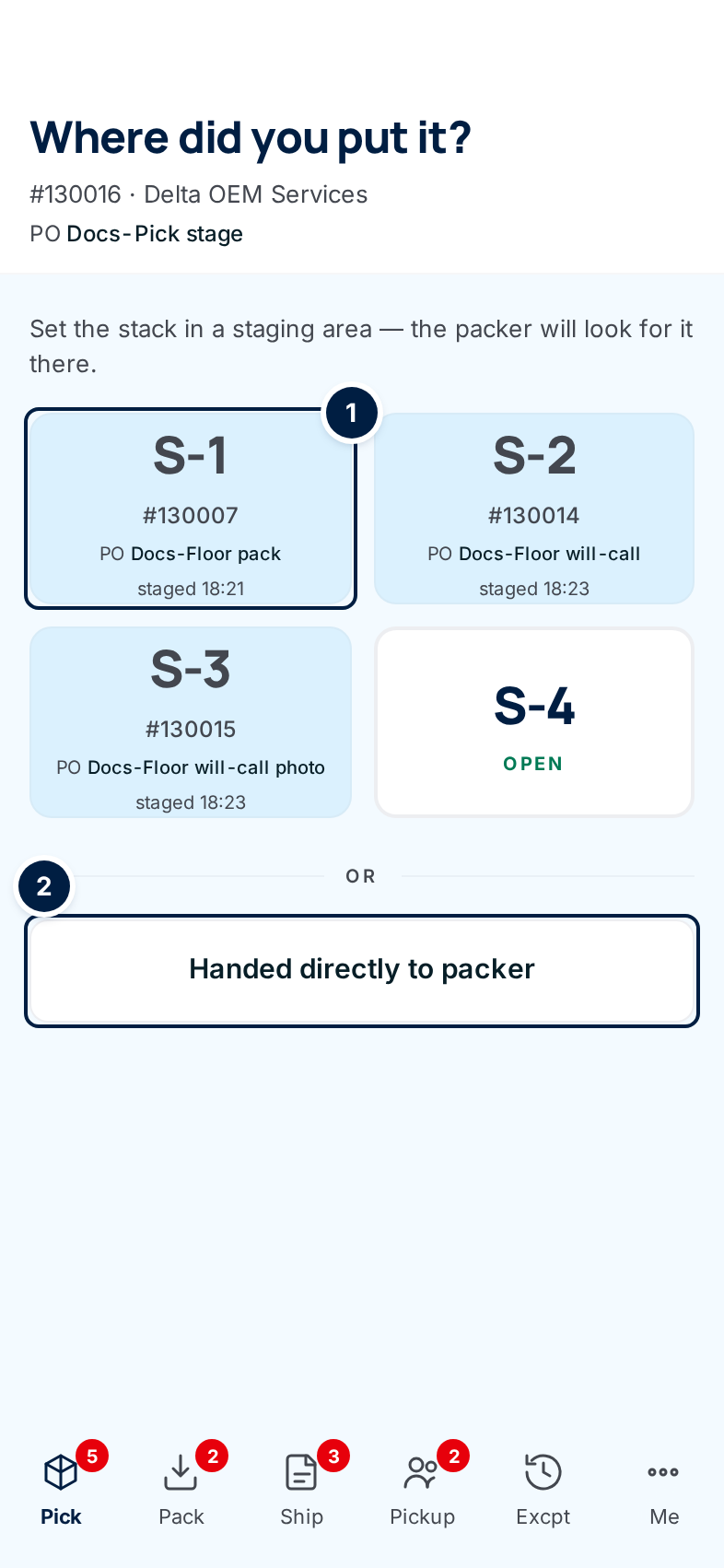 Where did you put it?: ① the staging area tiles S-1 to S-4, three holding other orders and S-4 open, and ② Handed directly to packer