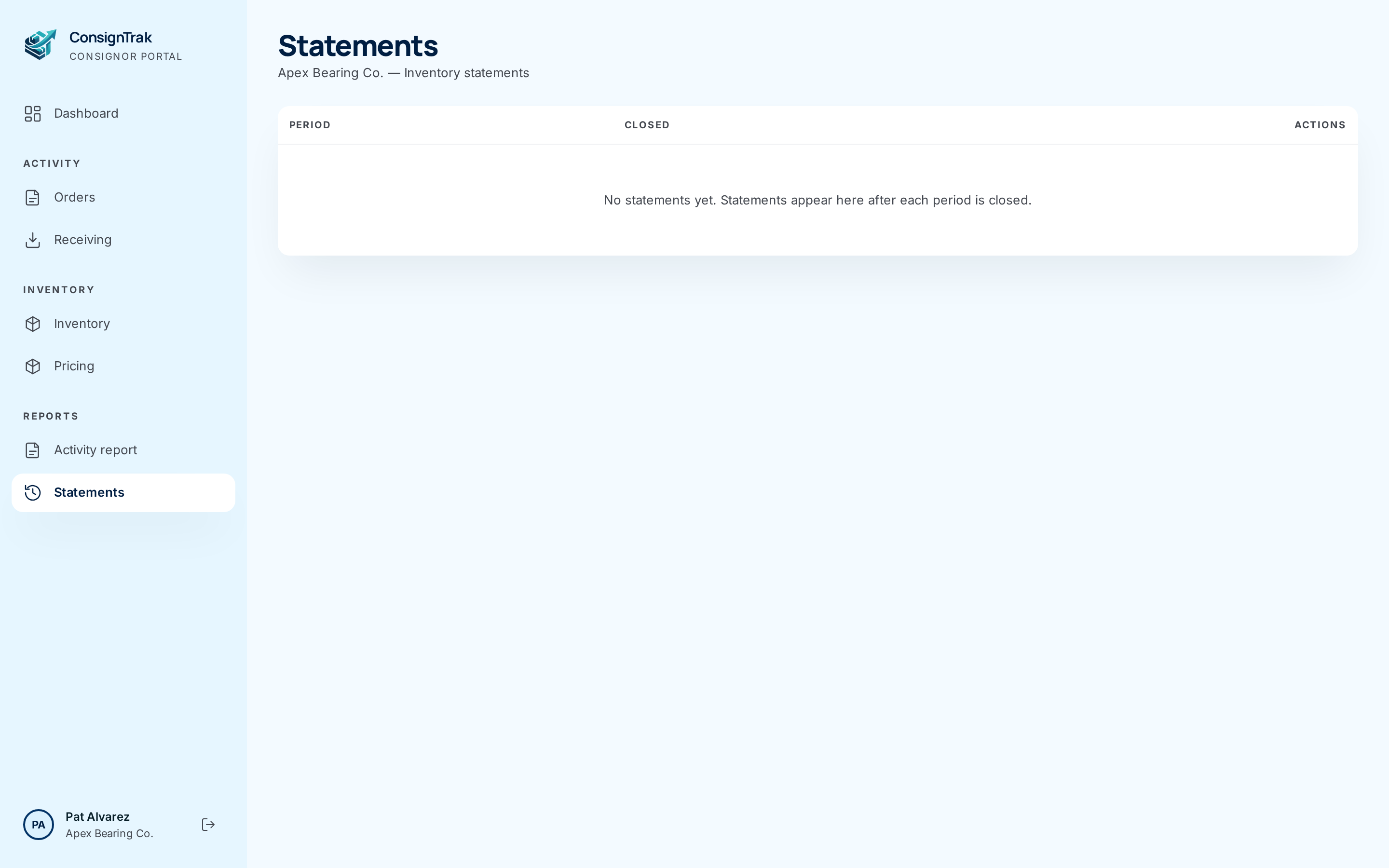 The Statements list with no statements yet: No statements yet. Statements appear here after each period is closed.