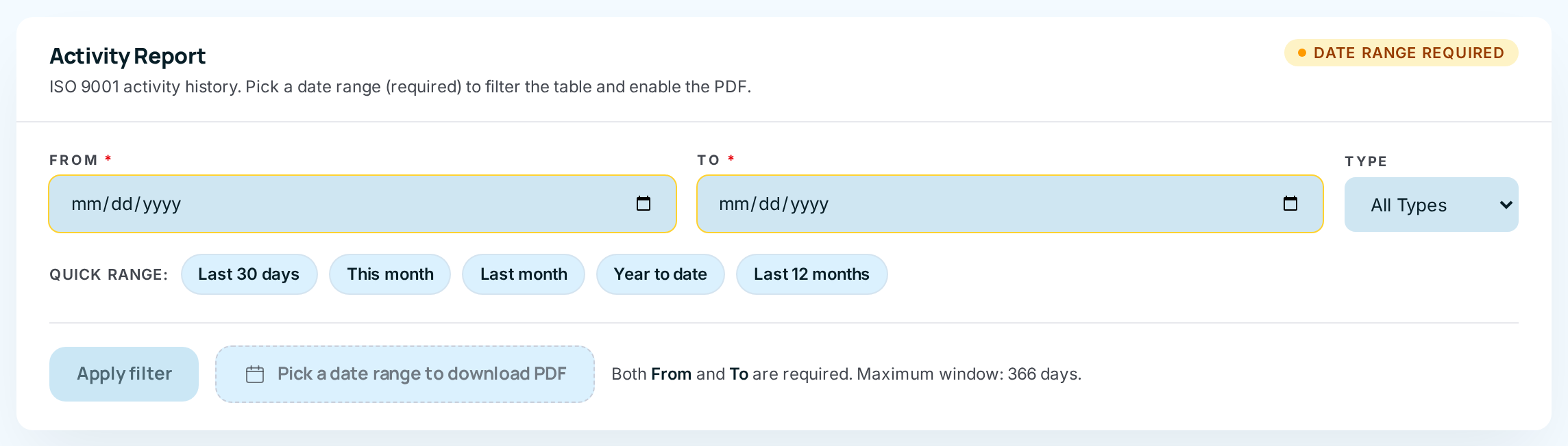 The Activity Report panel before a range is chosen, showing Date range required and a locked Pick a date range to download PDF button