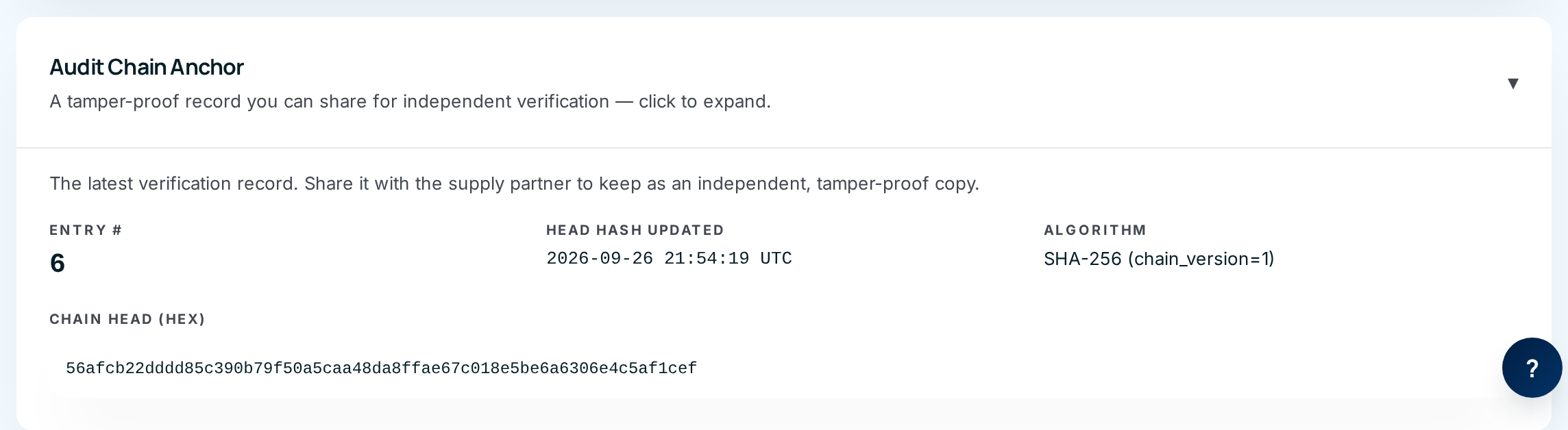 The expanded Audit Chain Anchor for Apex Bearing Co.: Entry #, Head Hash Updated, Algorithm and the Chain Head (hex) code
