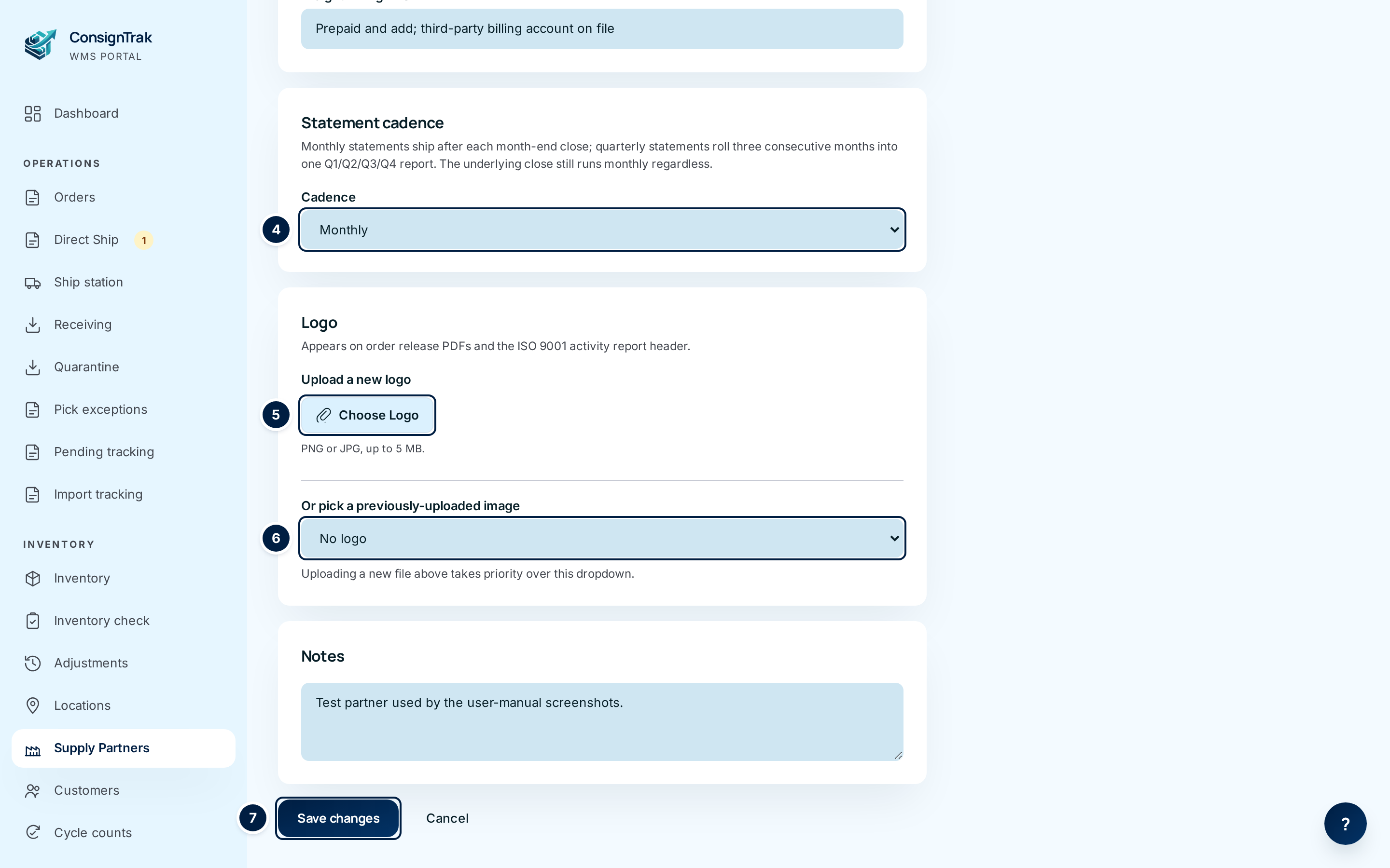 The lower half of the edit form with ④ Cadence, ⑤ Choose Logo, ⑥ the previously-uploaded image list and ⑦ Save changes marked