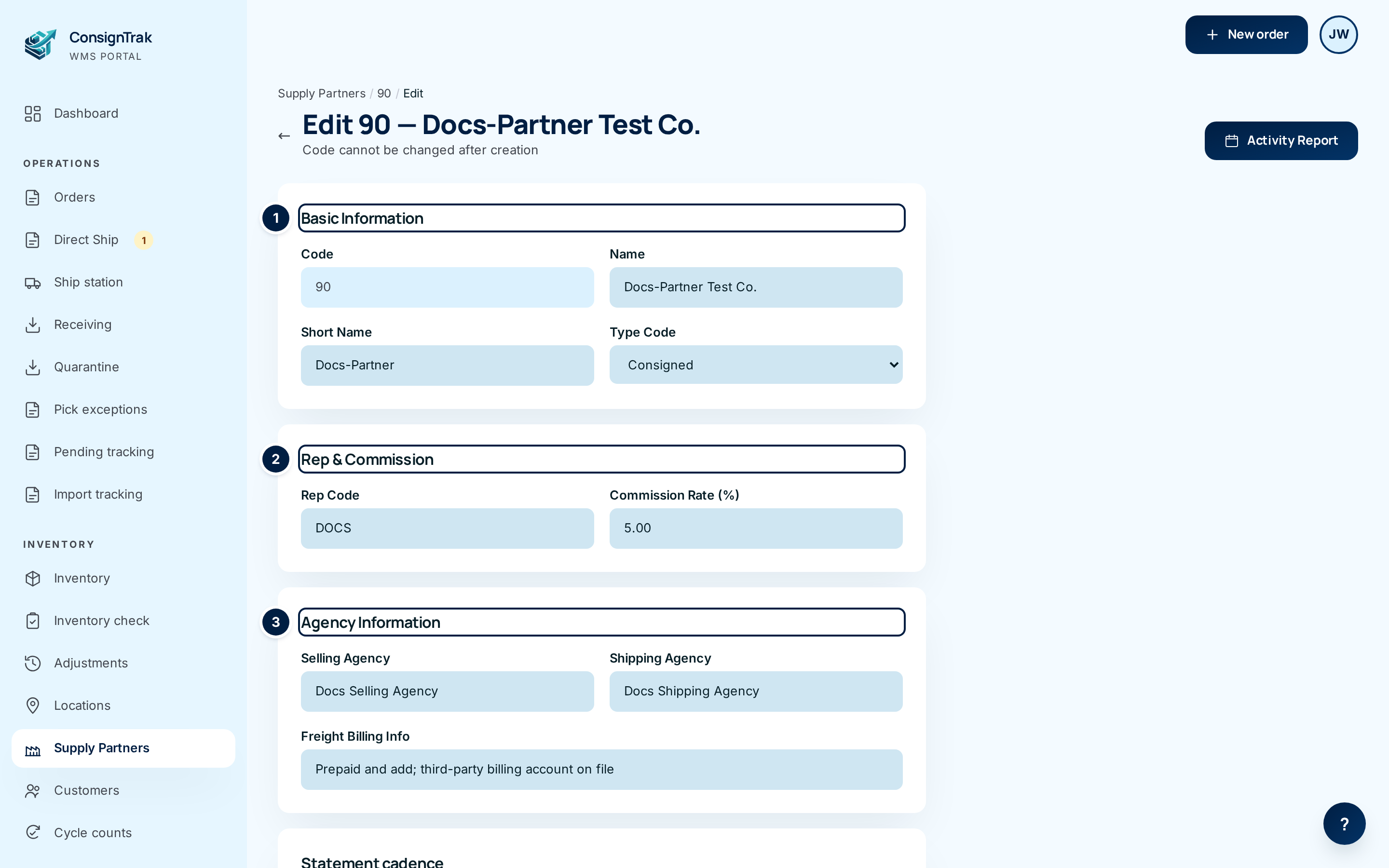 The top of the edit form for Docs-Partner Test Co. with ① Basic Information, ② Rep &amp; Commission and ③ Agency Information marked