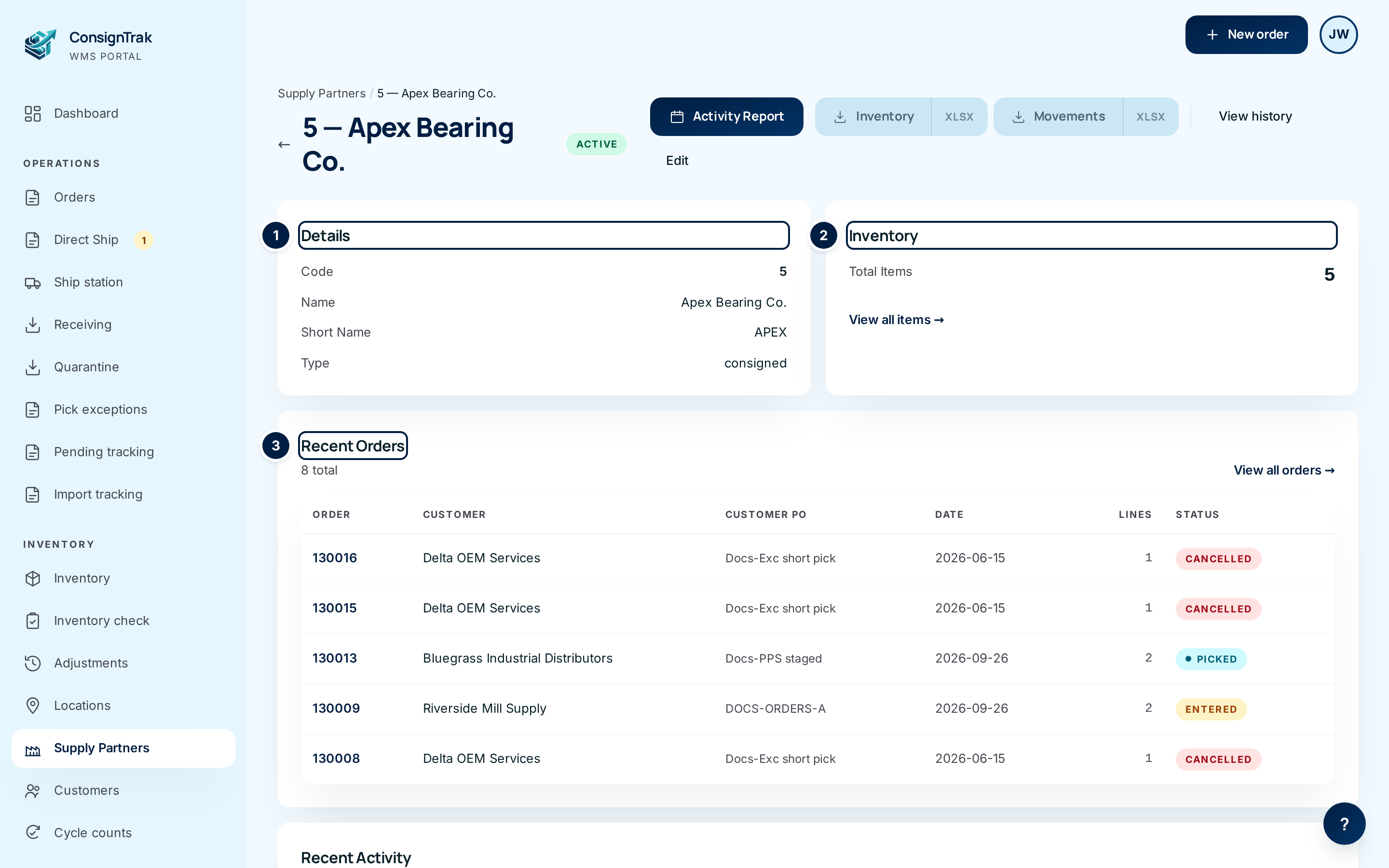 The hub for Apex Bearing Co., with ① Details, ② Inventory and ③ Recent Orders marked