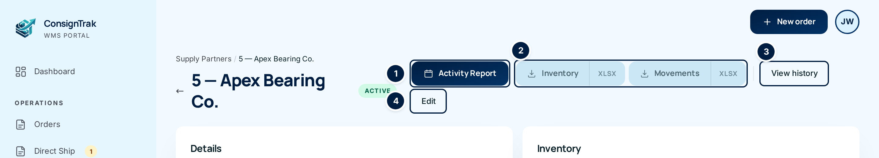 The top of the hub with ① Activity Report, ② the Inventory and Movements downloads, ③ View history and ④ Edit marked