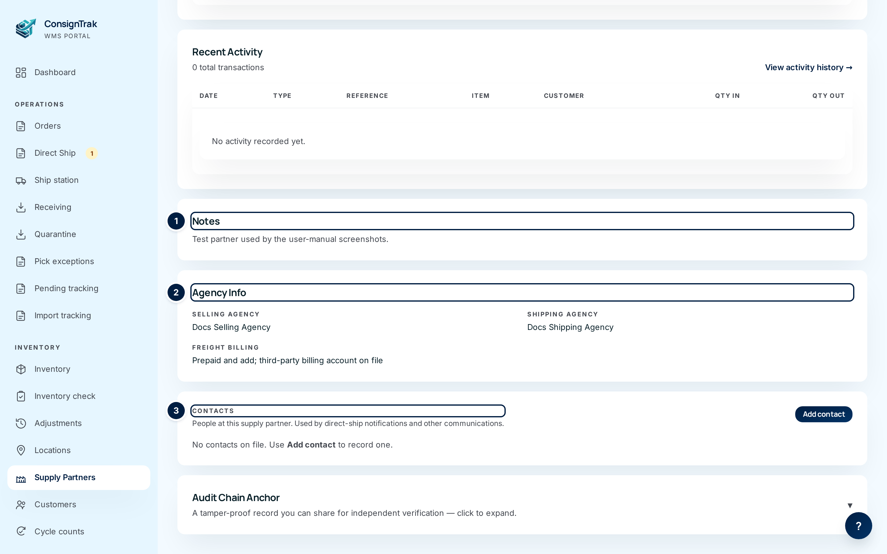 The lower half of the hub for Docs-Partner Test Co., with ① Notes, ② Agency Info and ③ Contacts marked